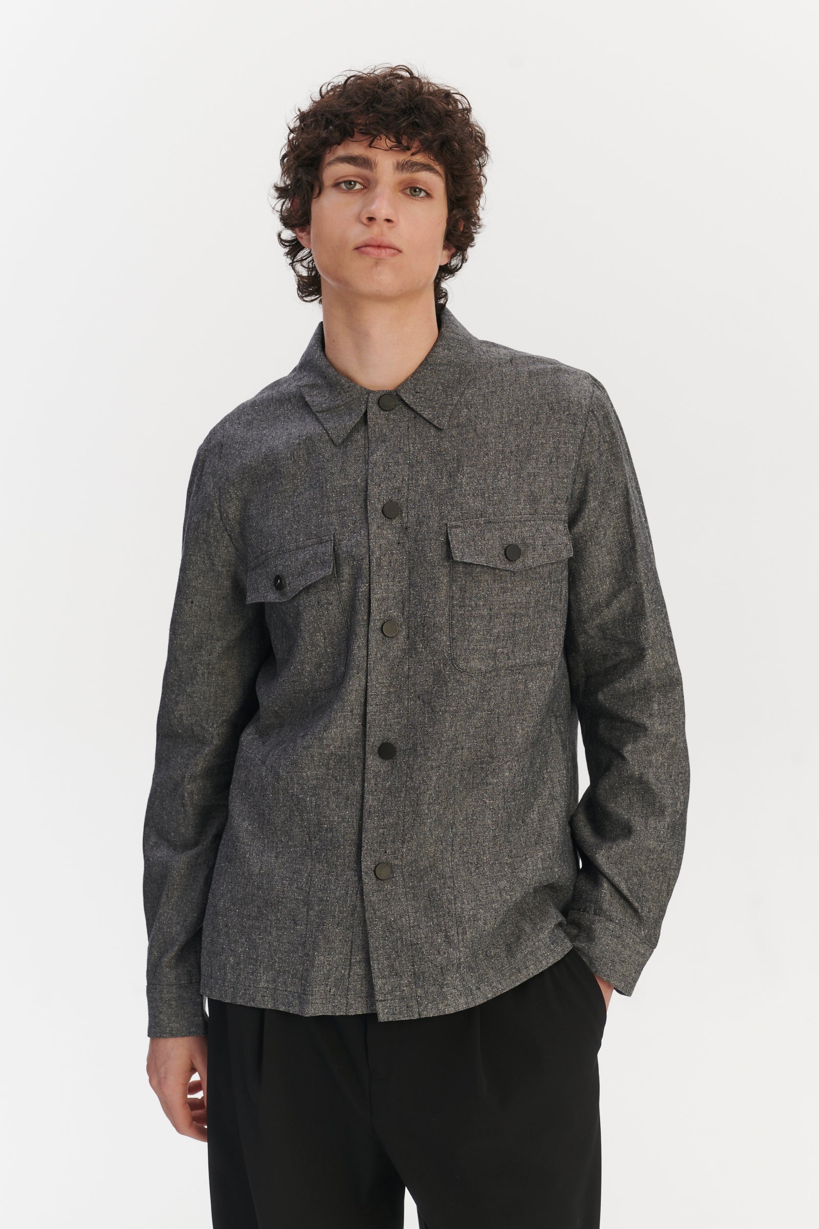Snap Button Jacket in a Grey Blend of Italian Virgin Wool, Silk and Linen by Zignone