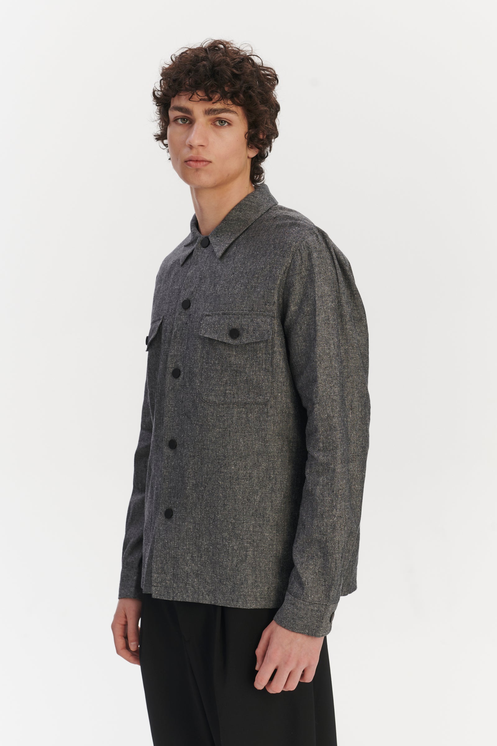 Snap Button Jacket in a Grey Blend of Italian Virgin Wool, Silk and Linen by Zignone