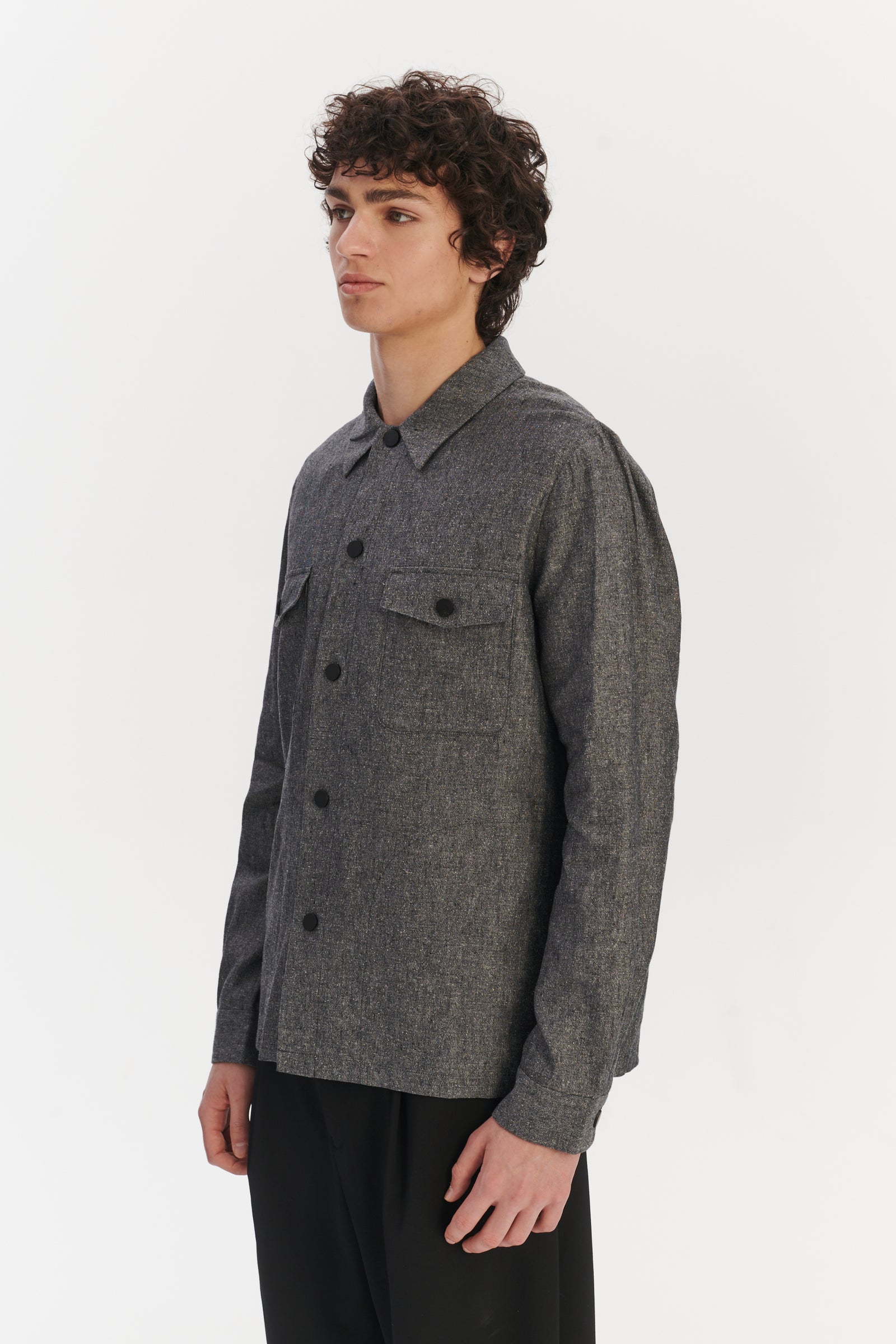 Snap Button Jacket in a Grey Blend of Italian Virgin Wool, Silk and Linen by Zignone