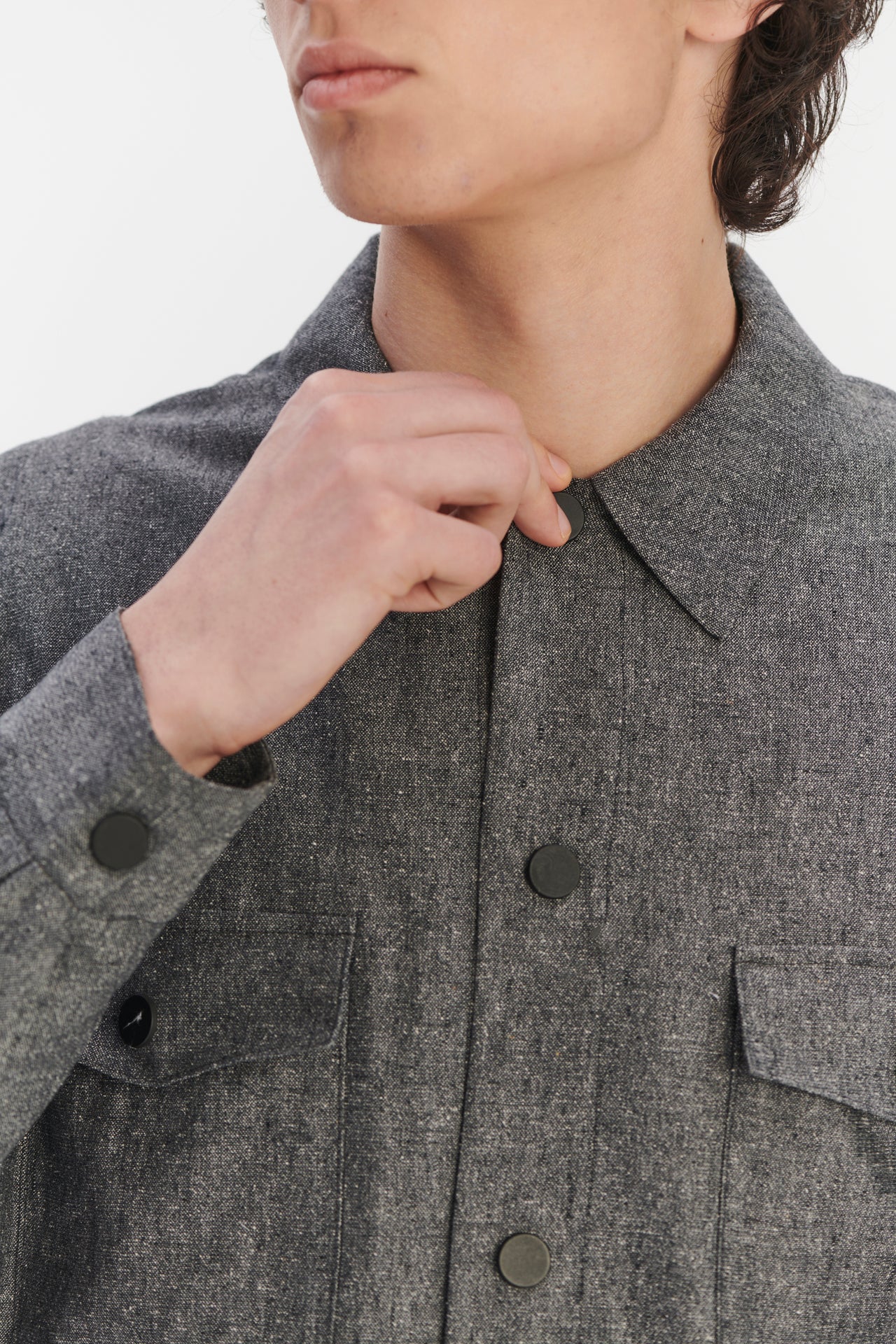 Snap Button Jacket in a Grey Blend of Italian Virgin Wool, Silk and Linen by Zignone