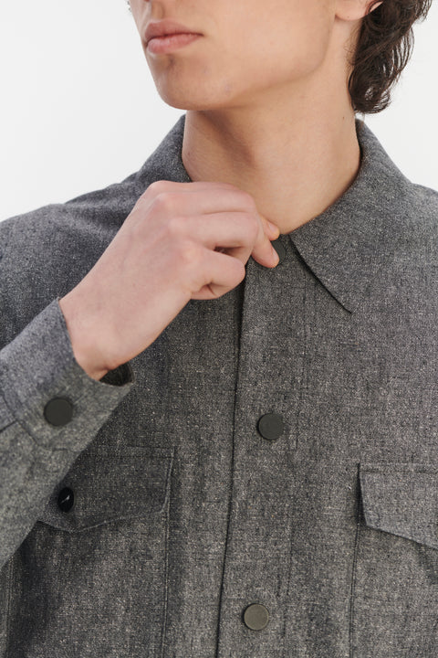 Snap Button Jacket in a Grey Blend of Italian Virgin Wool, Silk and Linen by Zignone