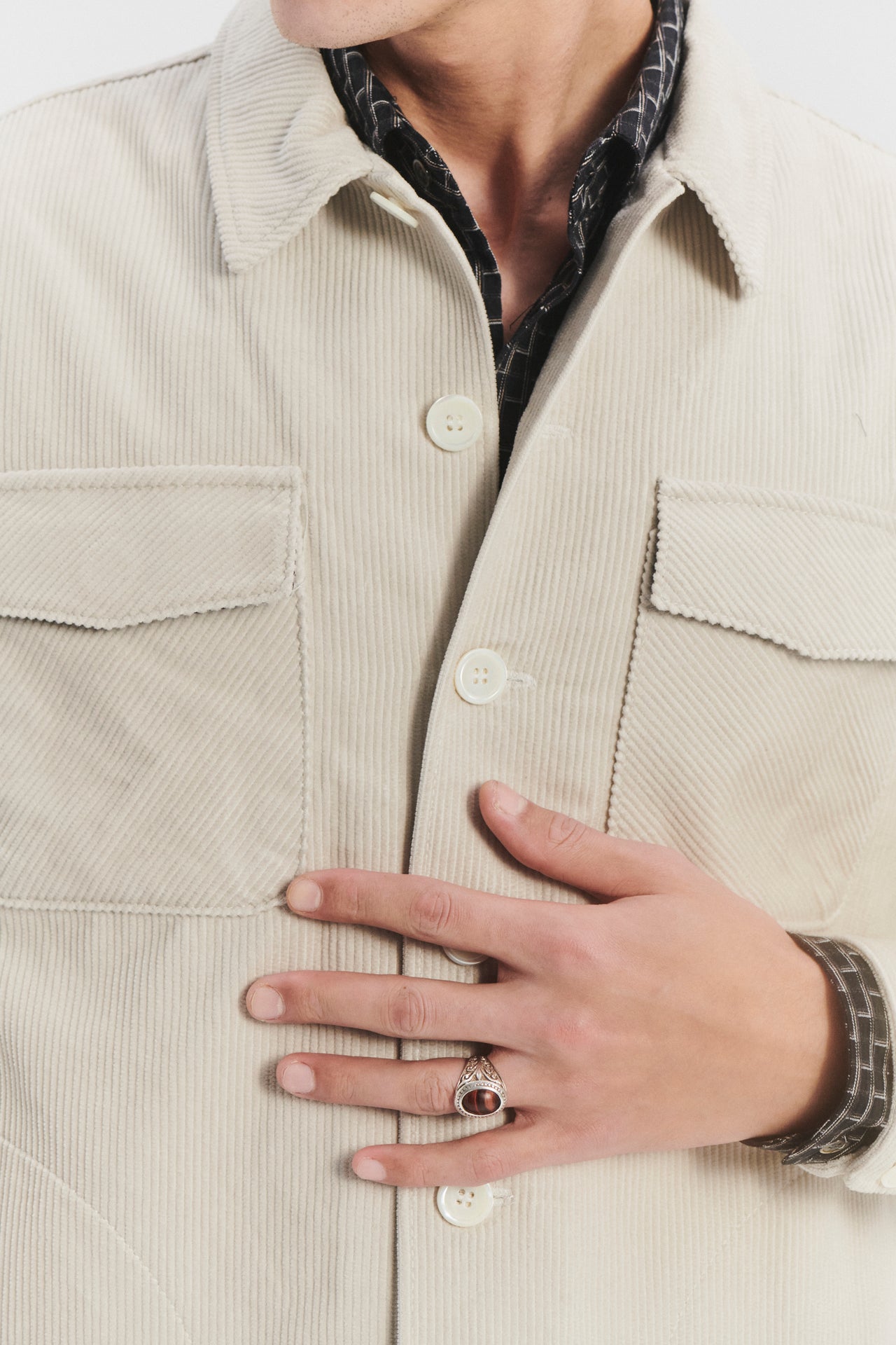 Jacket in a Flat White Japanese Corduroy Cotton with MEIDA Thermo Insulation