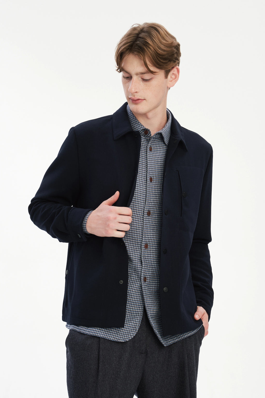 Snap Button Jacket in the Finest Navy Blue Easy Stretch Italian Virgin Wool