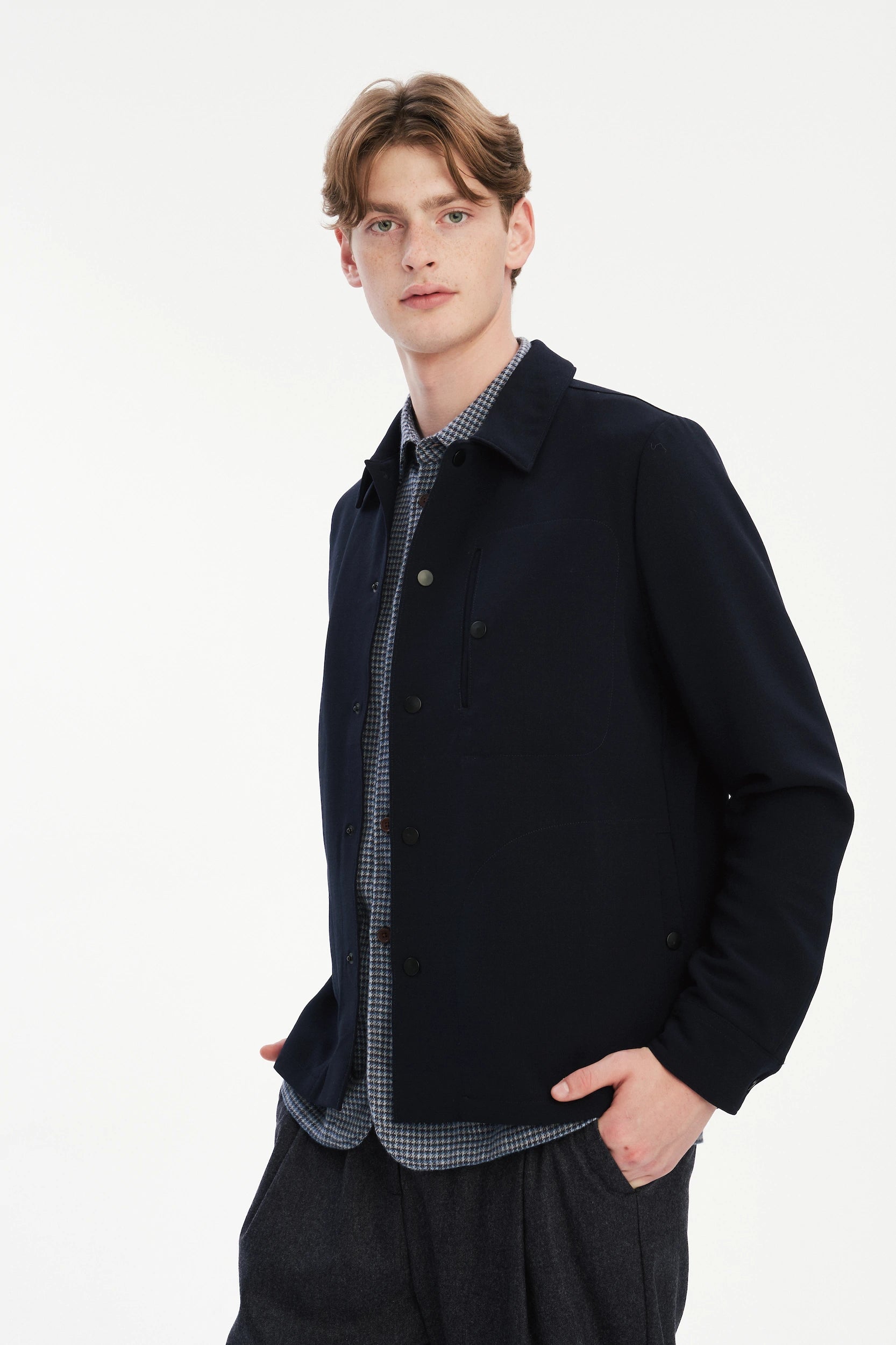 Snap Button Jacket in the Finest Navy Blue Easy Stretch Italian Virgin Wool