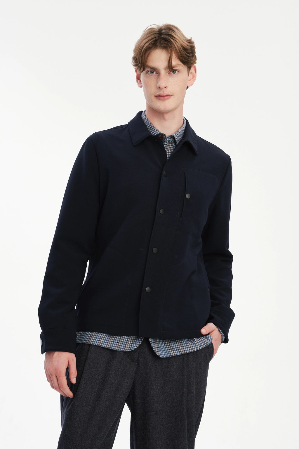 Snap Button Jacket in the Finest Navy Blue Easy Stretch Italian Virgin Wool