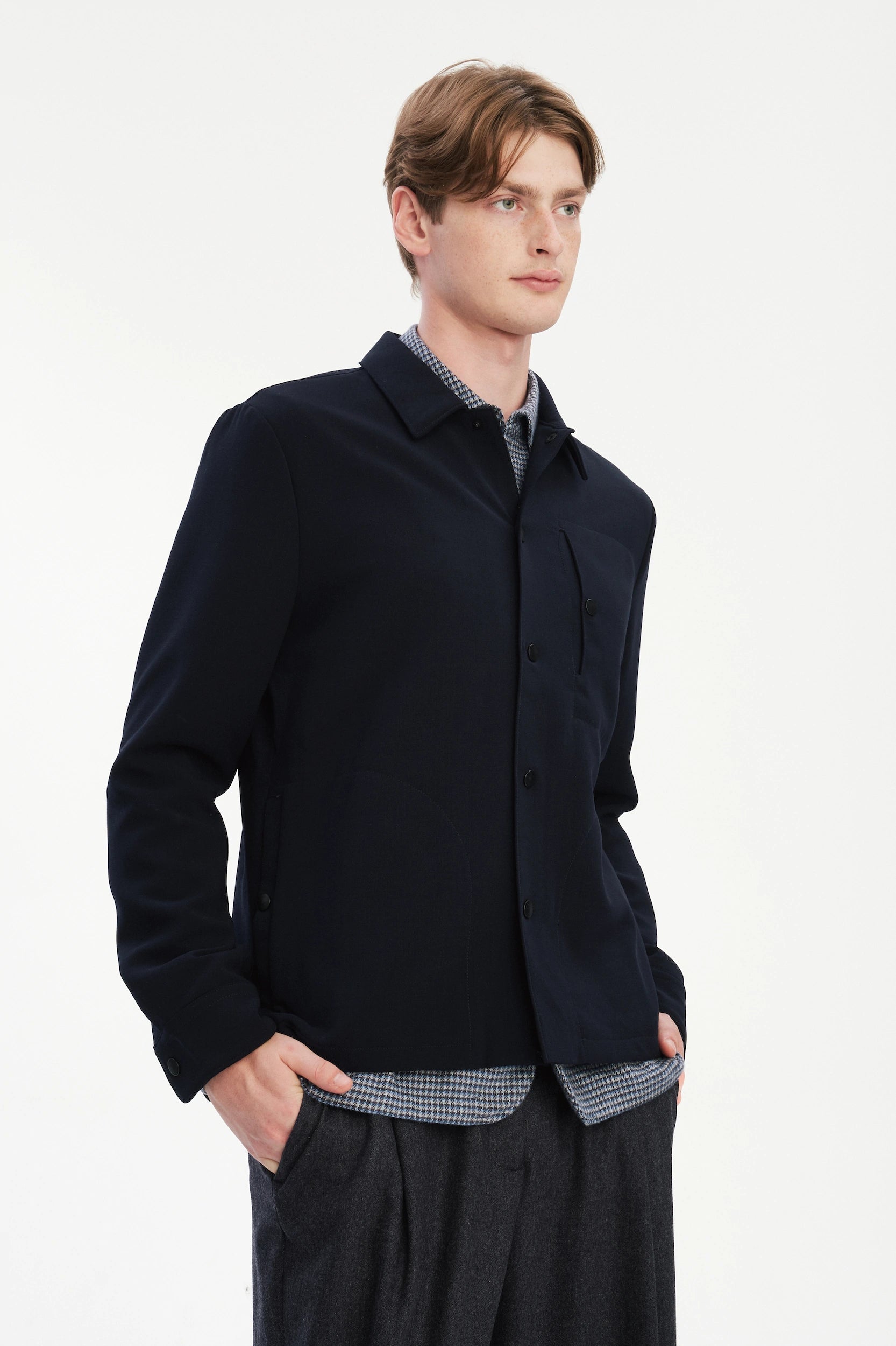 Snap Button Jacket in the Finest Navy Blue Easy Stretch Italian Virgin Wool