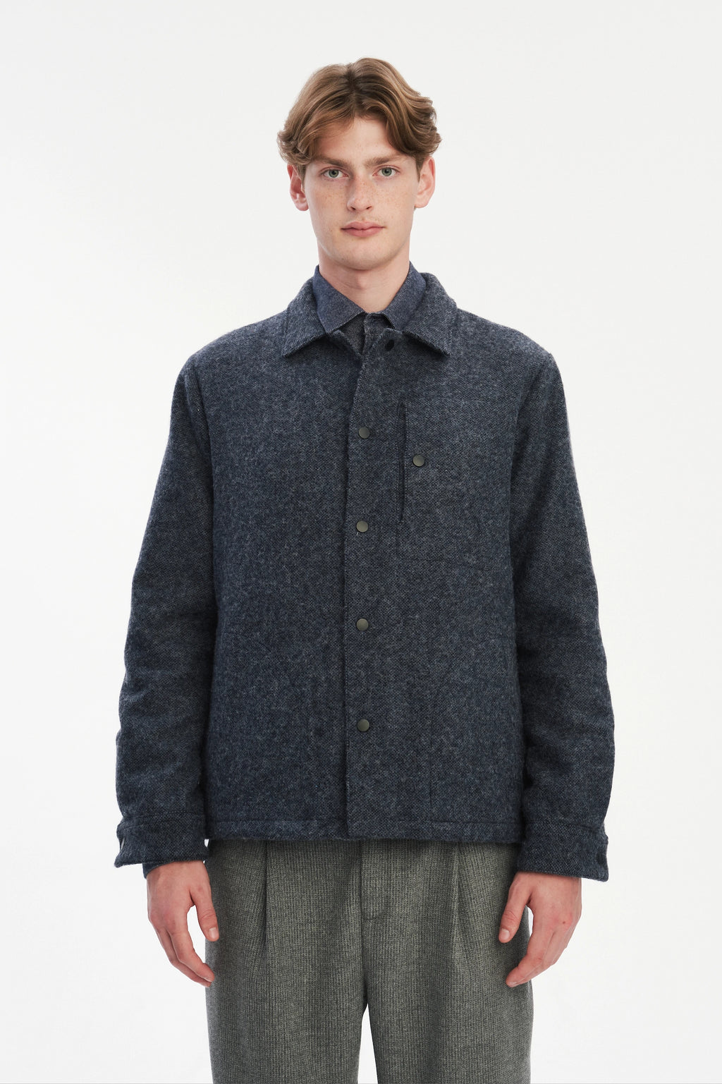 Snap Button Jacket in Italian Recycled Wool and Cotton - Navy