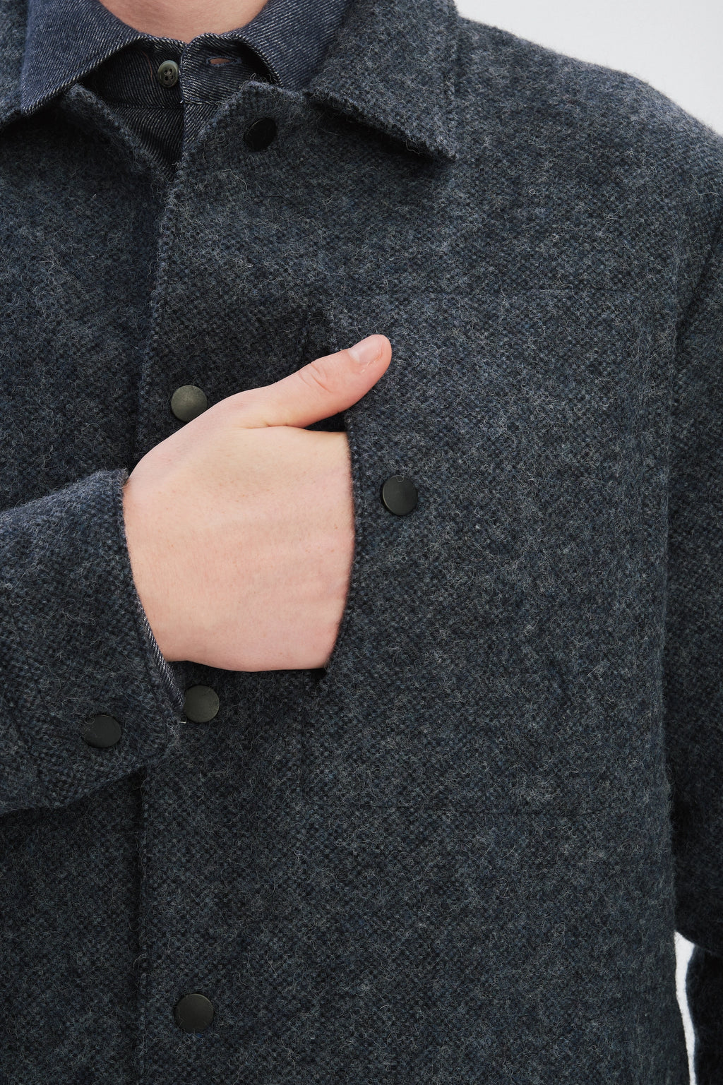 Snap Button Jacket in Italian Recycled Wool and Cotton - Navy