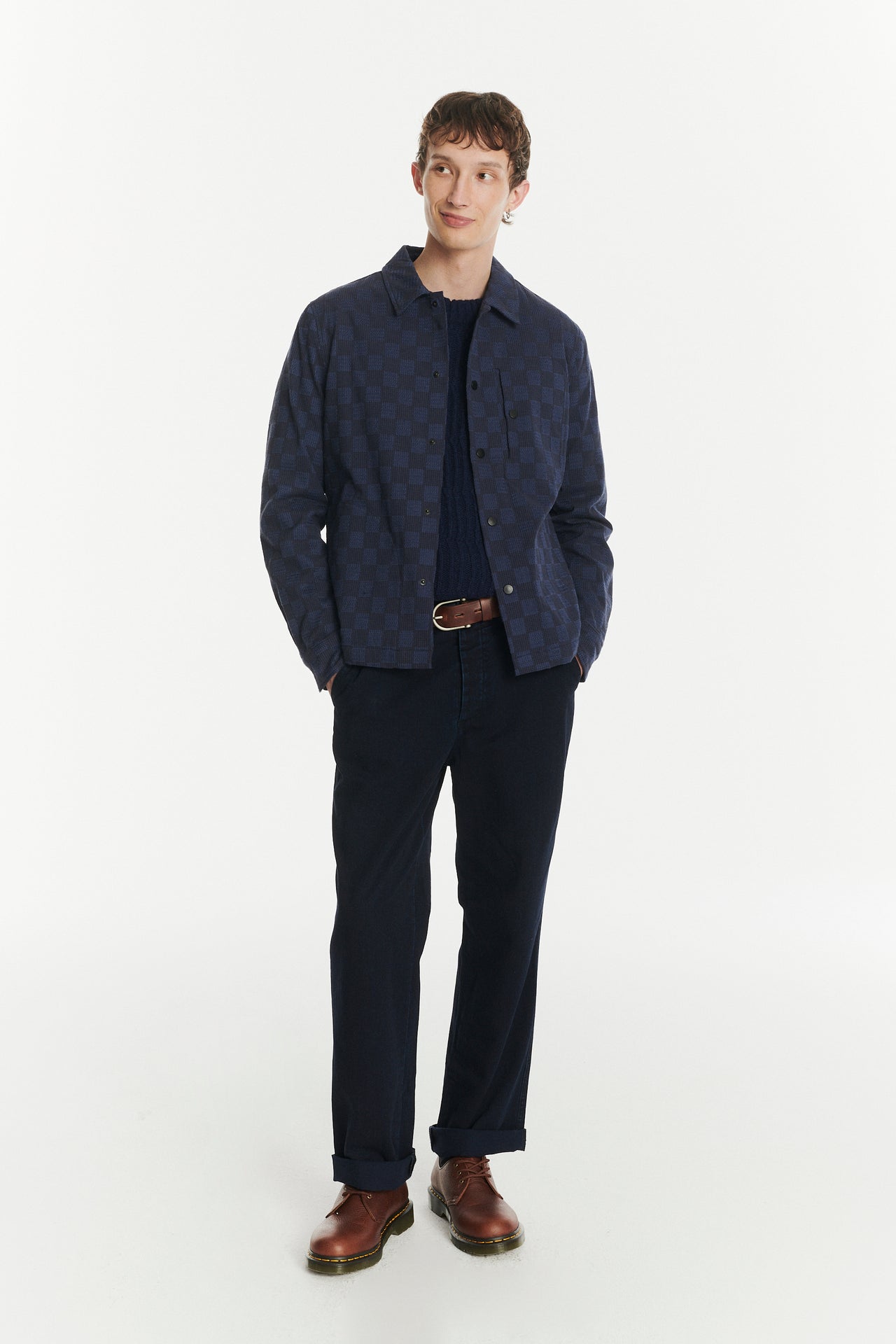 Snap Button Jacket in a Blue Subtle Chequered Jacquard Woven Portuguese Cotton