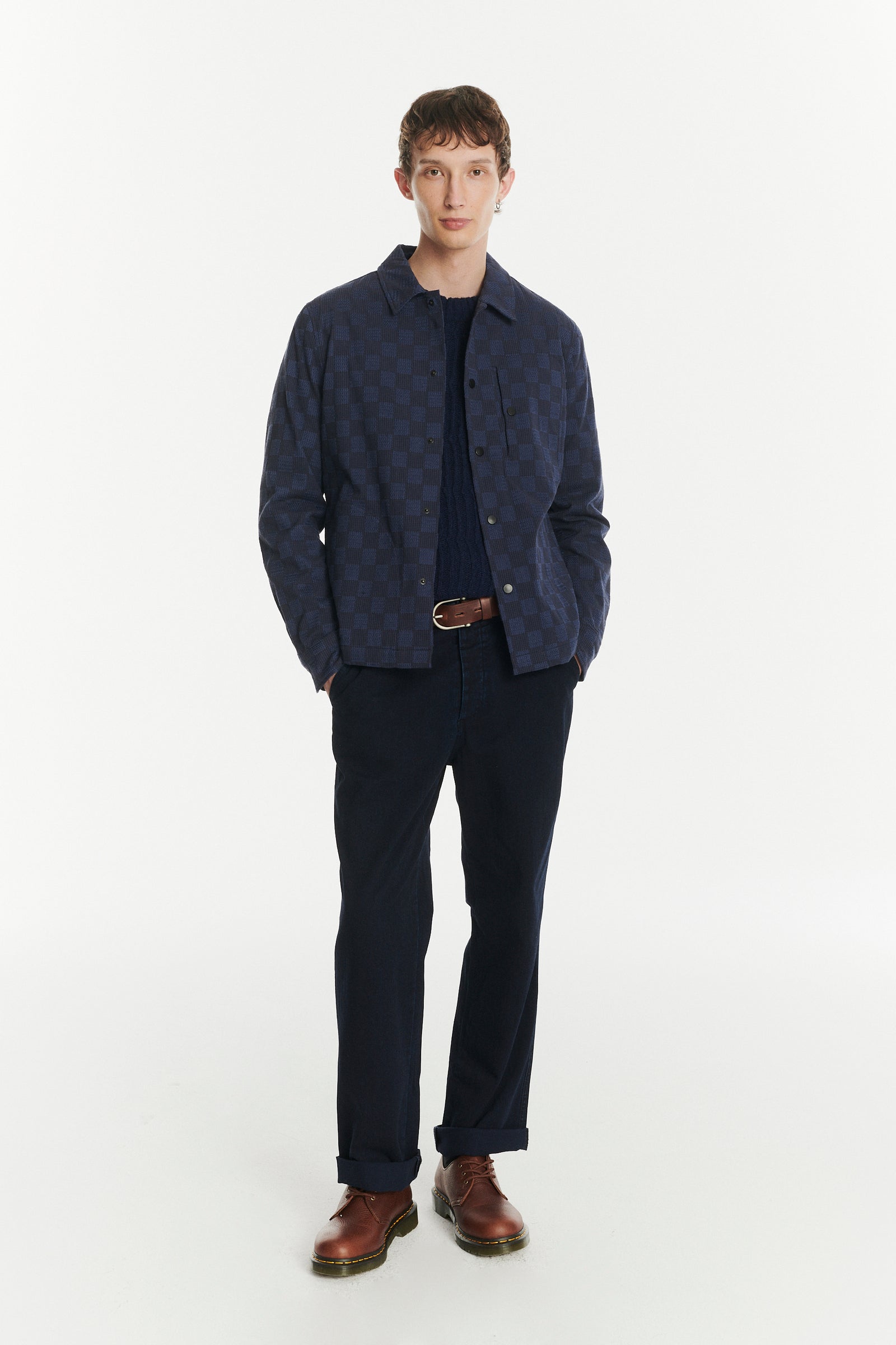 Snap Button Jacket in a Blue Subtle Chequered Jacquard Woven Portuguese Cotton