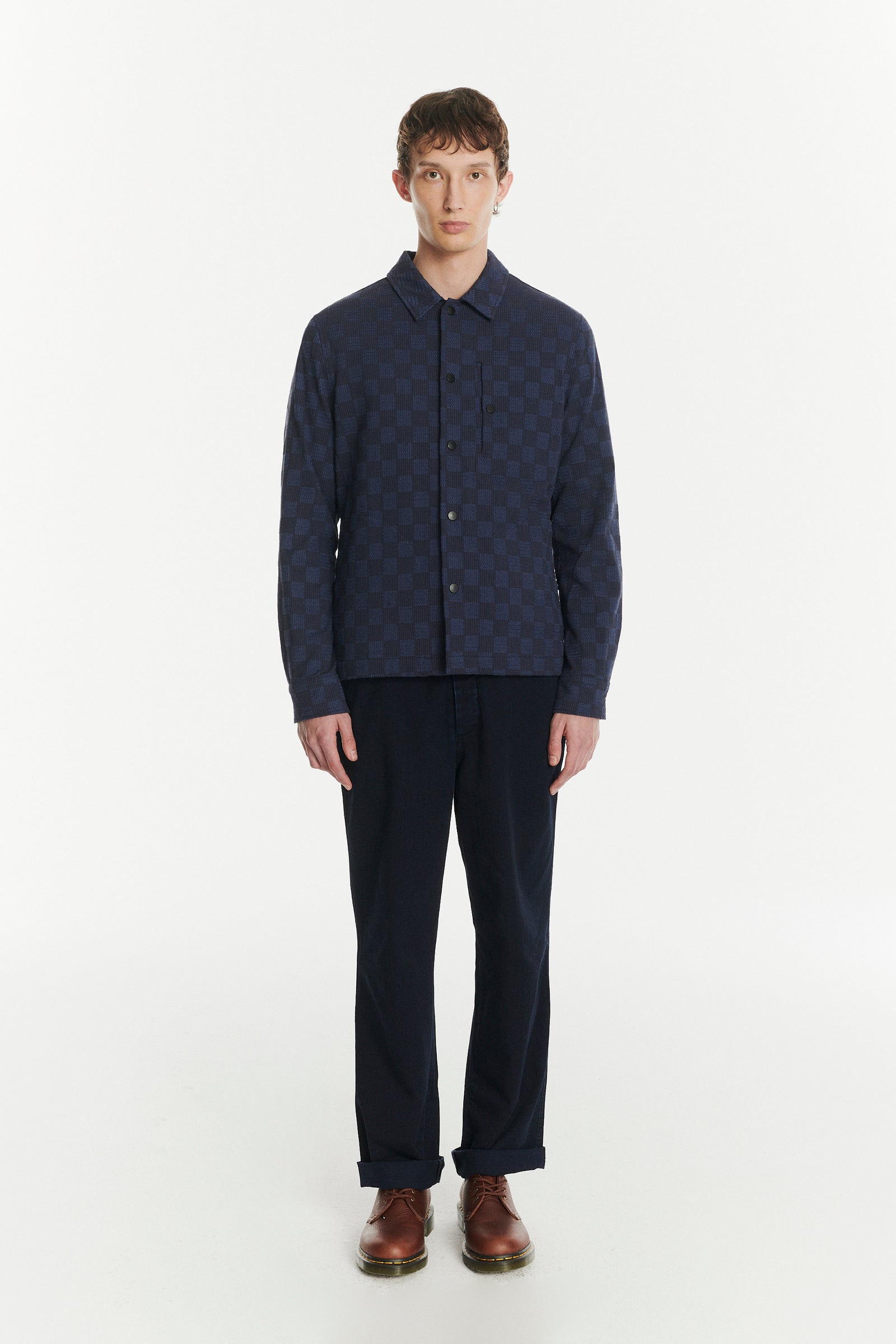 Snap Button Jacket in a Blue Subtle Chequered Jacquard Woven Portuguese Cotton