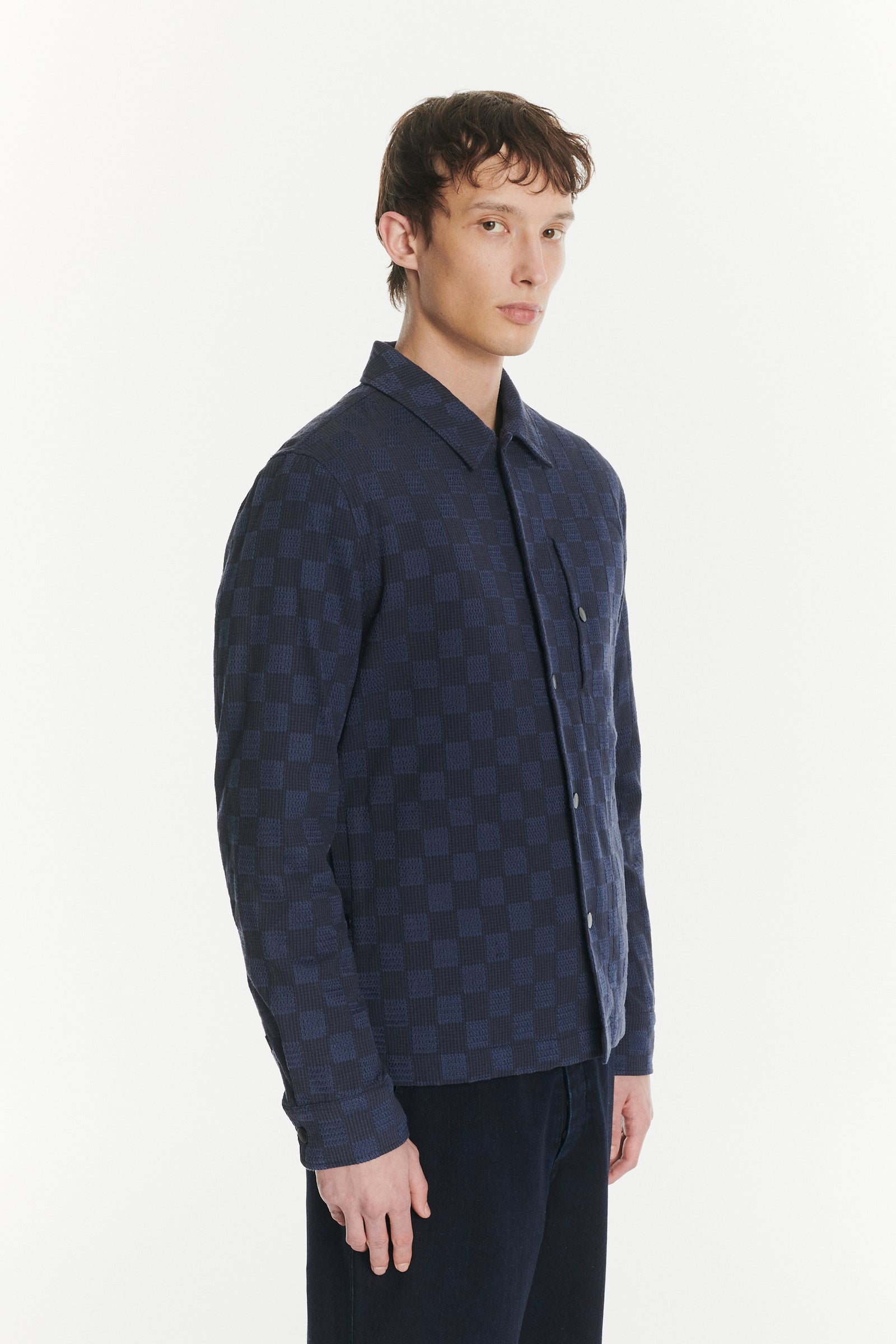 Snap Button Jacket in a Blue Subtle Chequered Jacquard Woven Portuguese Cotton