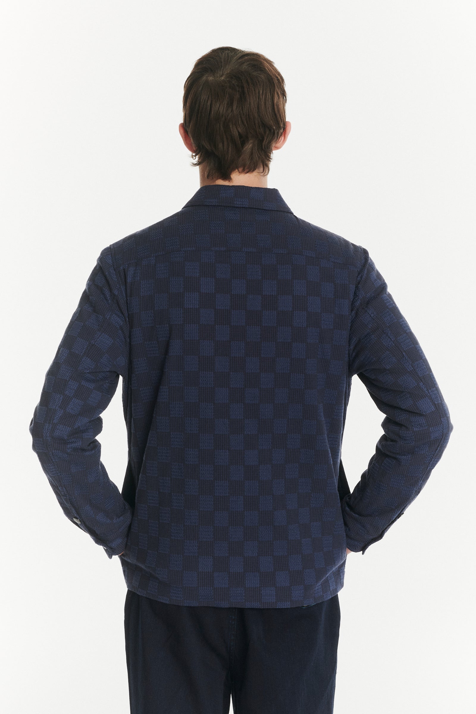 Snap Button Jacket in a Blue Subtle Chequered Jacquard Woven Portuguese Cotton