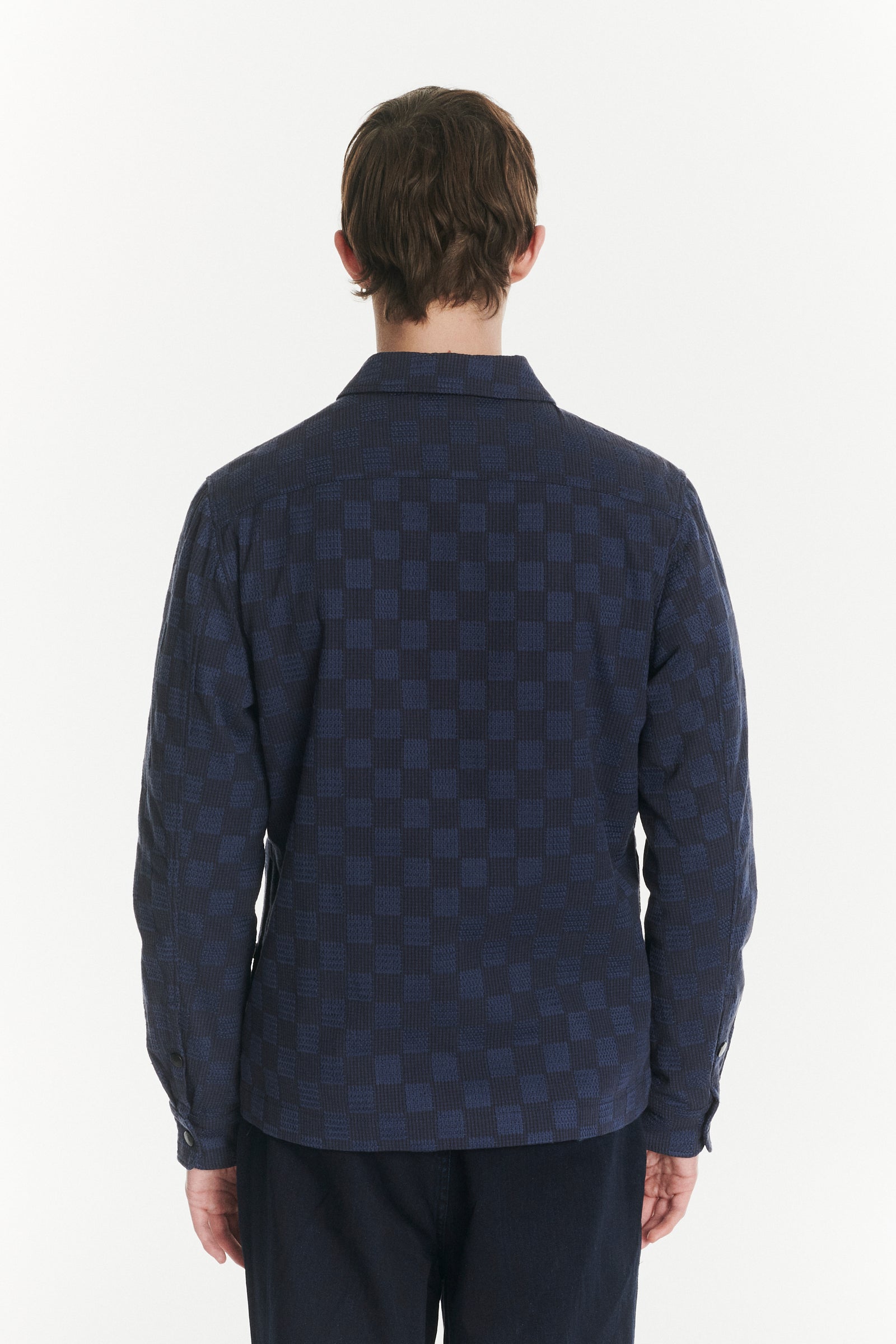 Snap Button Jacket in a Blue Subtle Chequered Jacquard Woven Portuguese Cotton