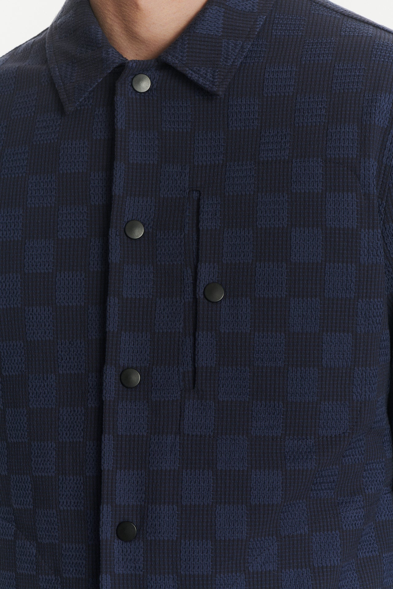 Snap Button Jacket in a Blue Subtle Chequered Jacquard Woven Portuguese Cotton