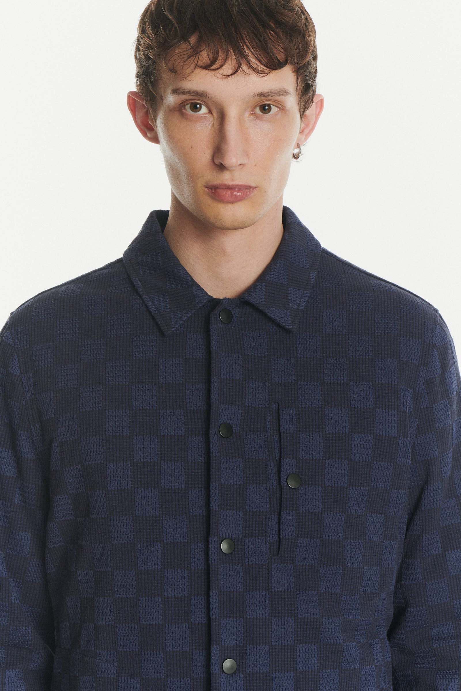 Snap Button Jacket in a Blue Subtle Chequered Jacquard Woven Portuguese Cotton