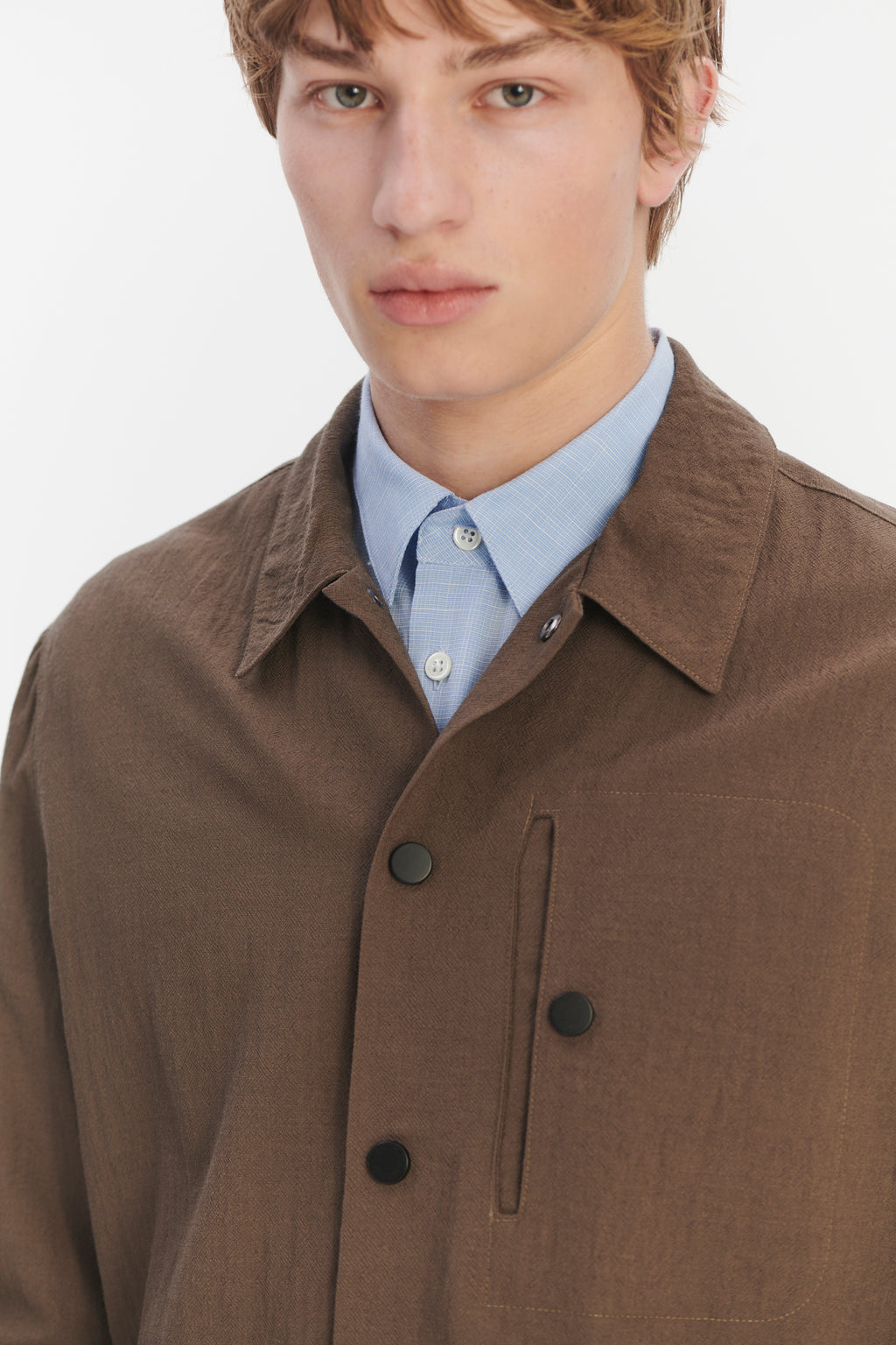 Snap Button Jacket in the Finest Airy Olive Brown Italian Merino Wool