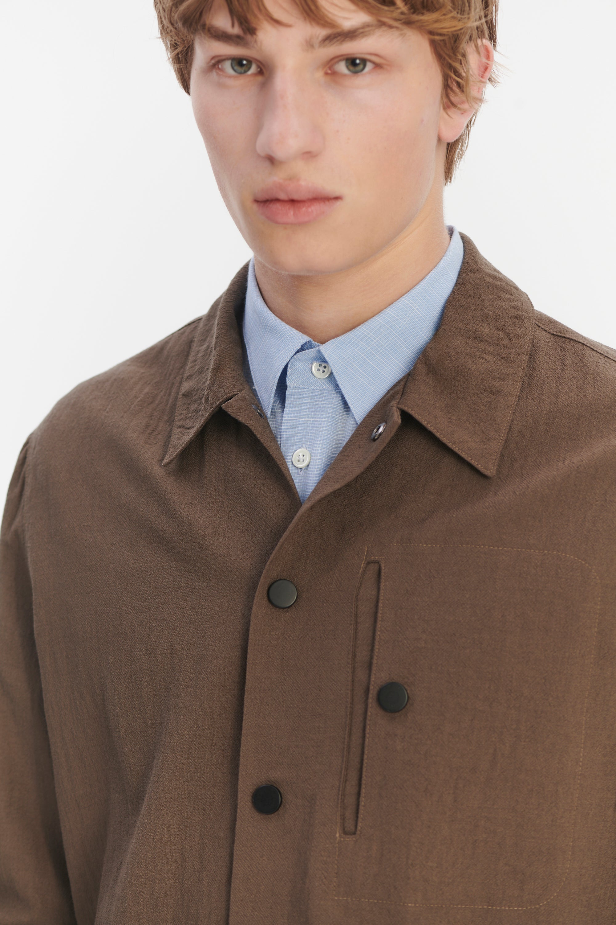 Snap Button Jacket in the Finest Airy Olive Brown Italian Merino Wool