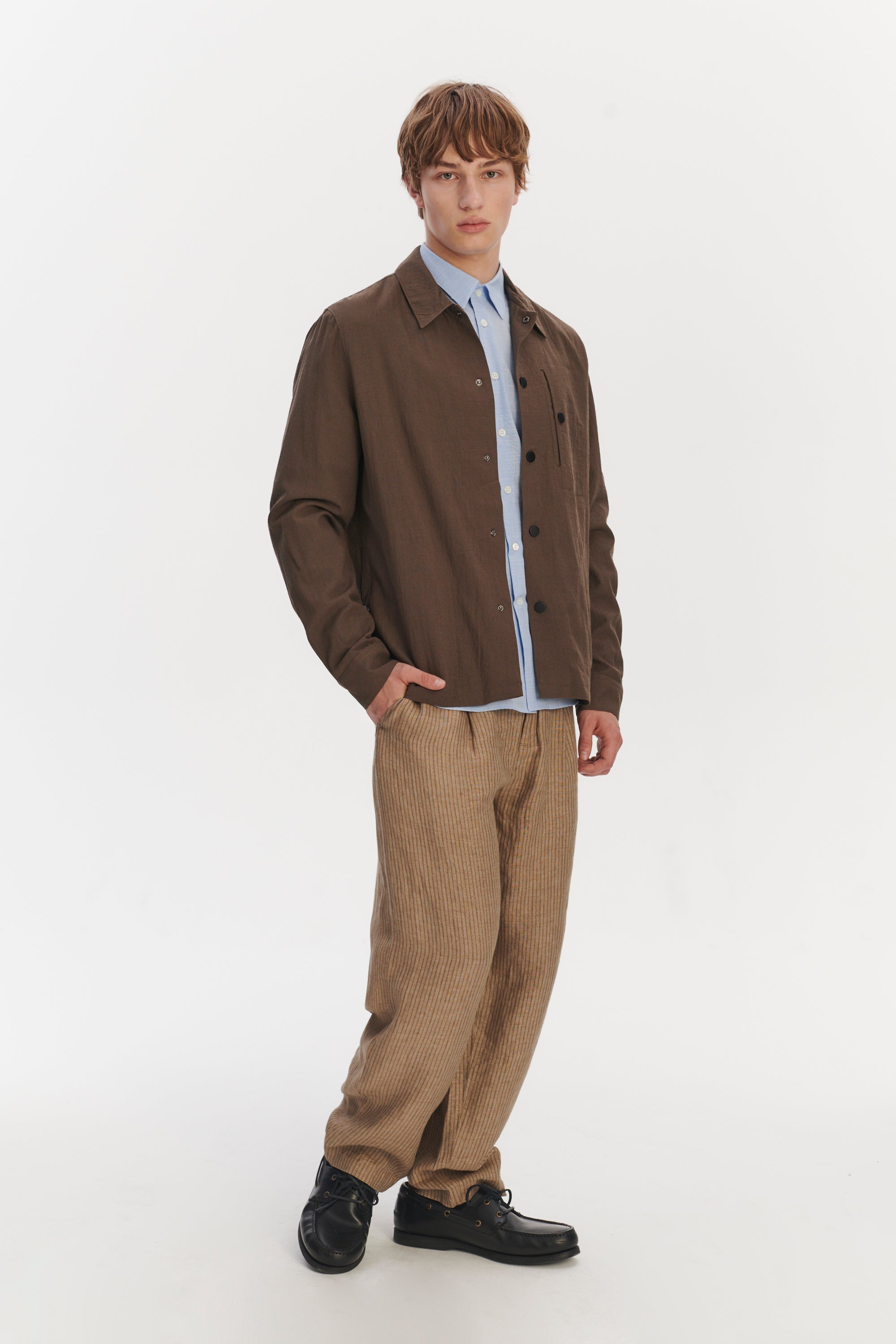 Snap Button Jacket in the Finest Airy Olive Brown Italian Merino Wool