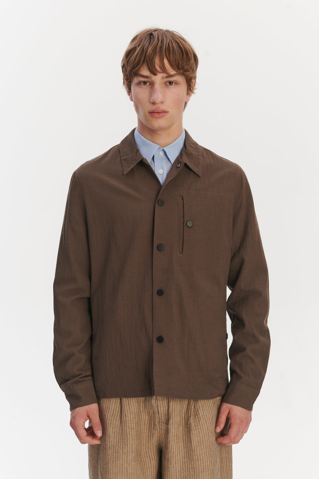 Snap Button Jacket in the Finest Airy Olive Brown Italian Merino Wool