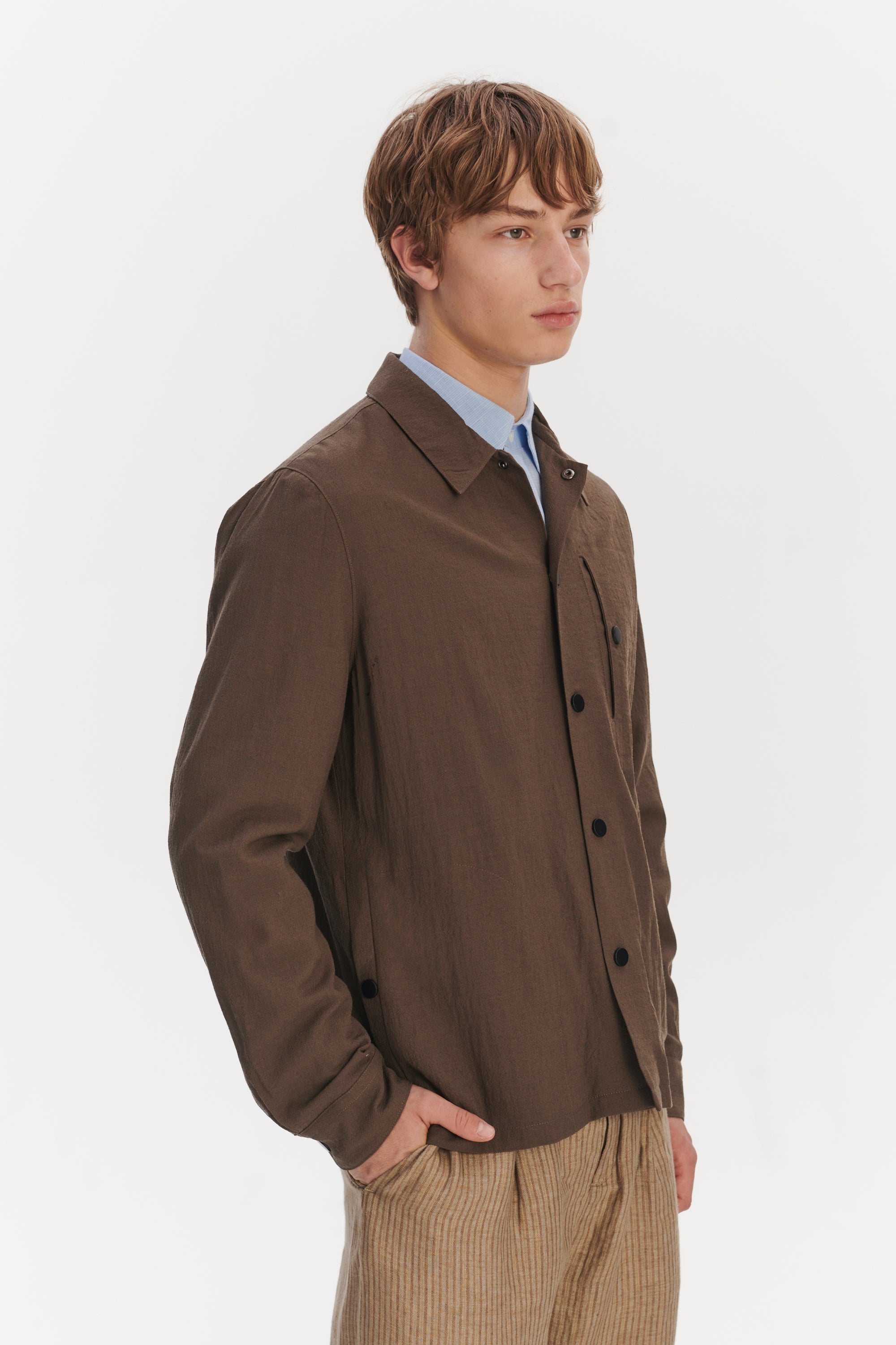 Snap Button Jacket in the Finest Airy Olive Brown Italian Merino Wool