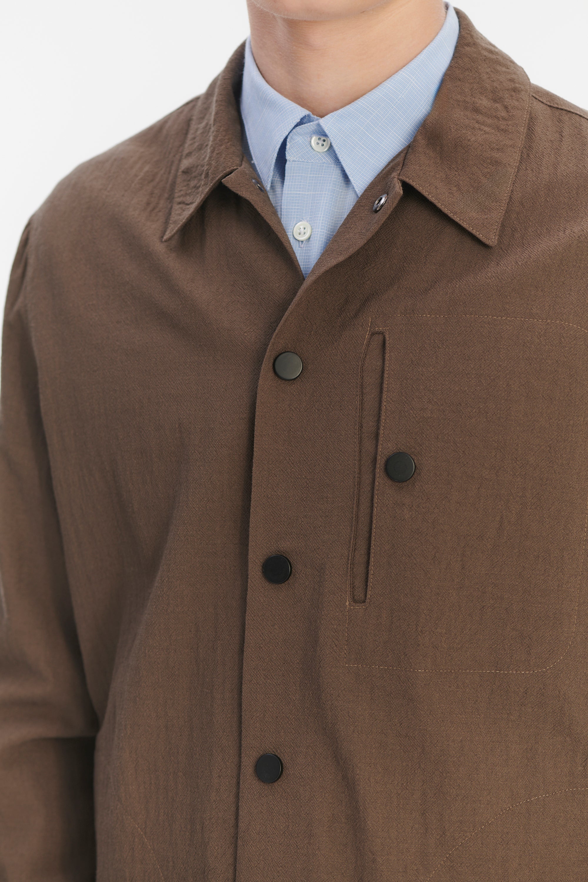 Snap Button Jacket in the Finest Airy Olive Brown Italian Merino Wool