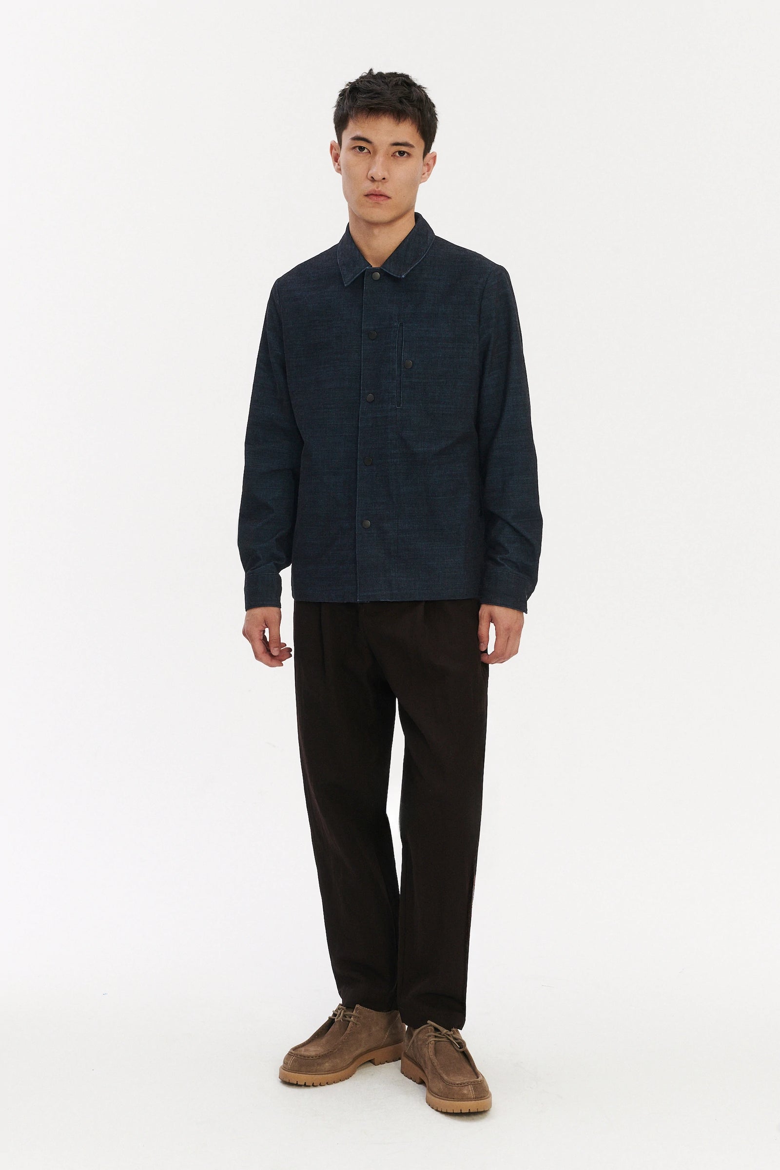 Snap Button Jacket in a Dark Blue Melange Italian Corduroy Cotton