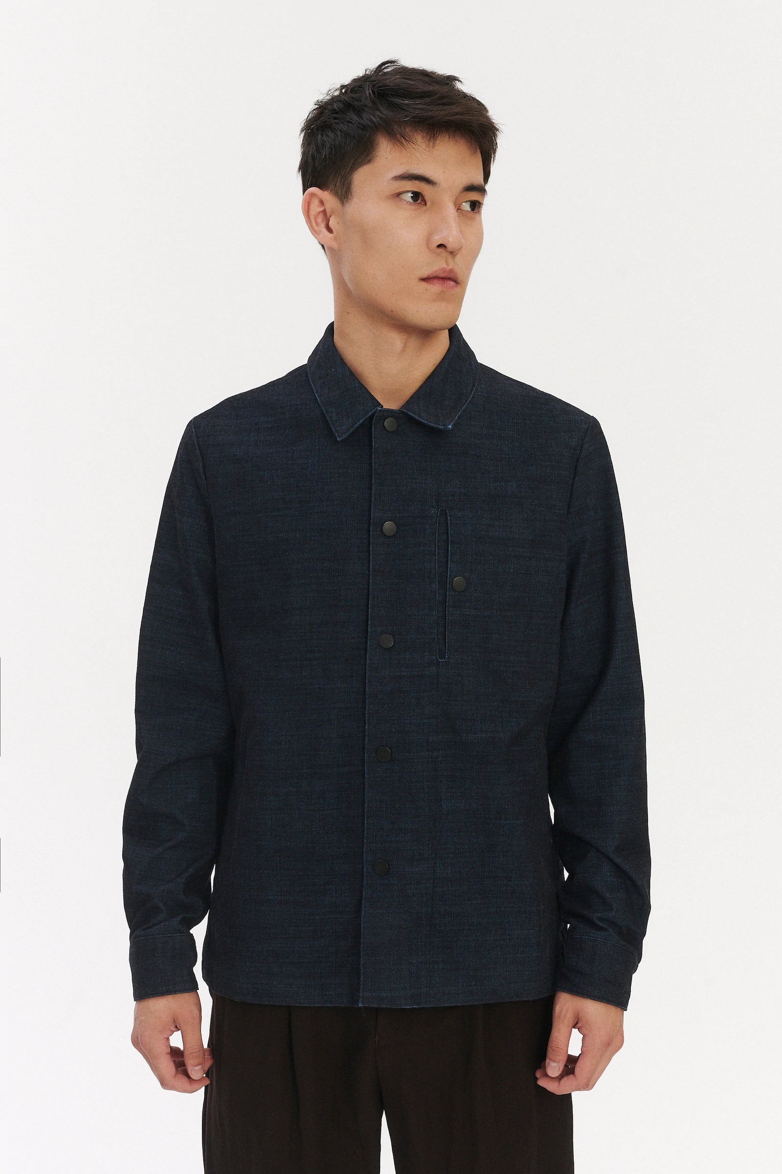 Snap Button Jacket in a Dark Blue Melange Italian Corduroy Cotton