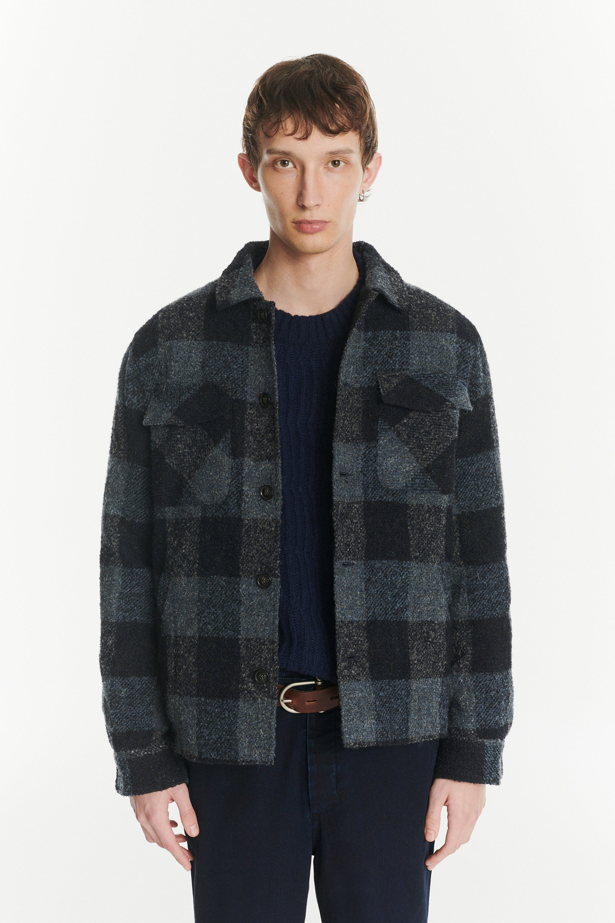 Winter Jacket in a Tonal Navy and Grey Chequered Italian Virgin and Alpaca Wool with MEIDA Thermo Insulation