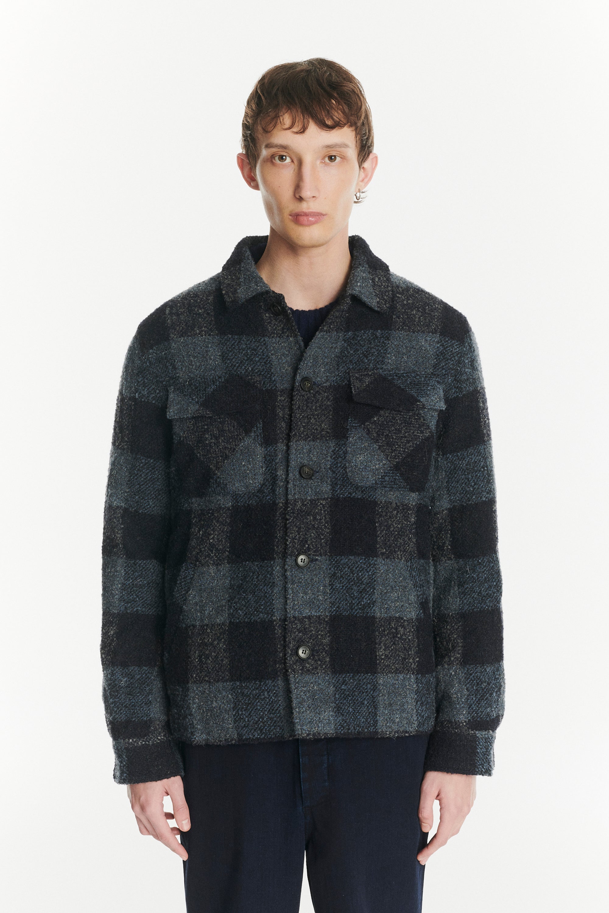 Winter Jacket in a Tonal Navy and Grey Chequered Italian Virgin and Alpaca Wool with MEIDA Thermo Insulation
