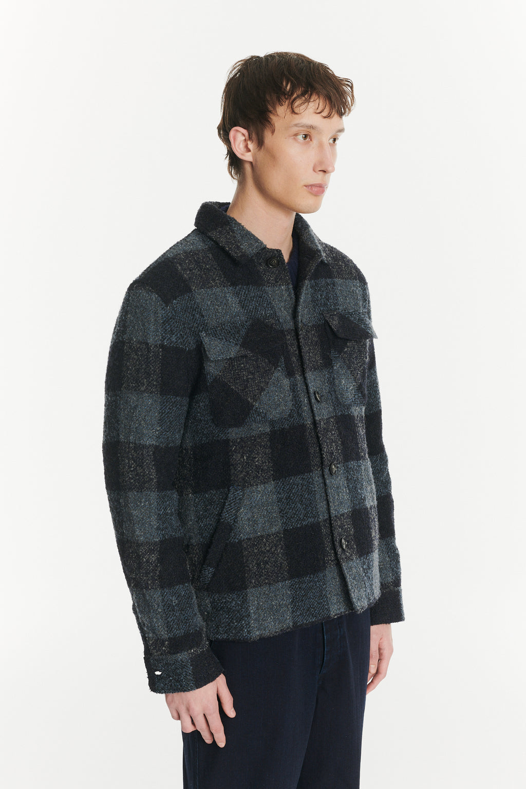 Winter Jacket in a Tonal Navy and Grey Chequered Italian Virgin and Alpaca Wool with MEIDA Thermo Insulation