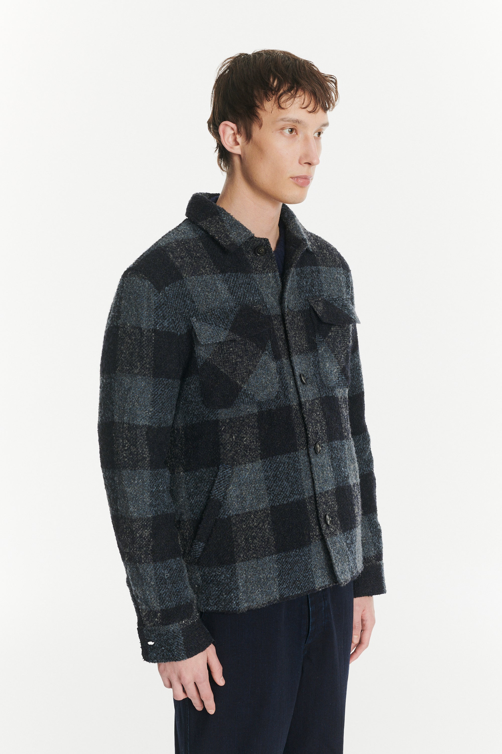 Winter Jacket in a Tonal Navy and Grey Chequered Italian Virgin and Alpaca Wool with MEIDA Thermo Insulation
