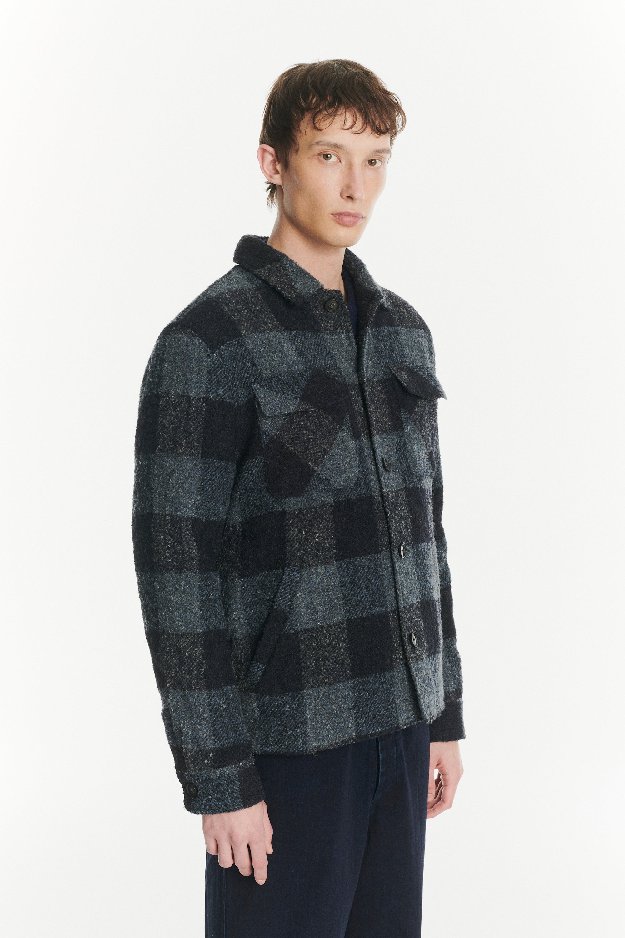 Winter Jacket in a Tonal Navy and Grey Chequered Italian Virgin and Alpaca Wool with MEIDA Thermo Insulation