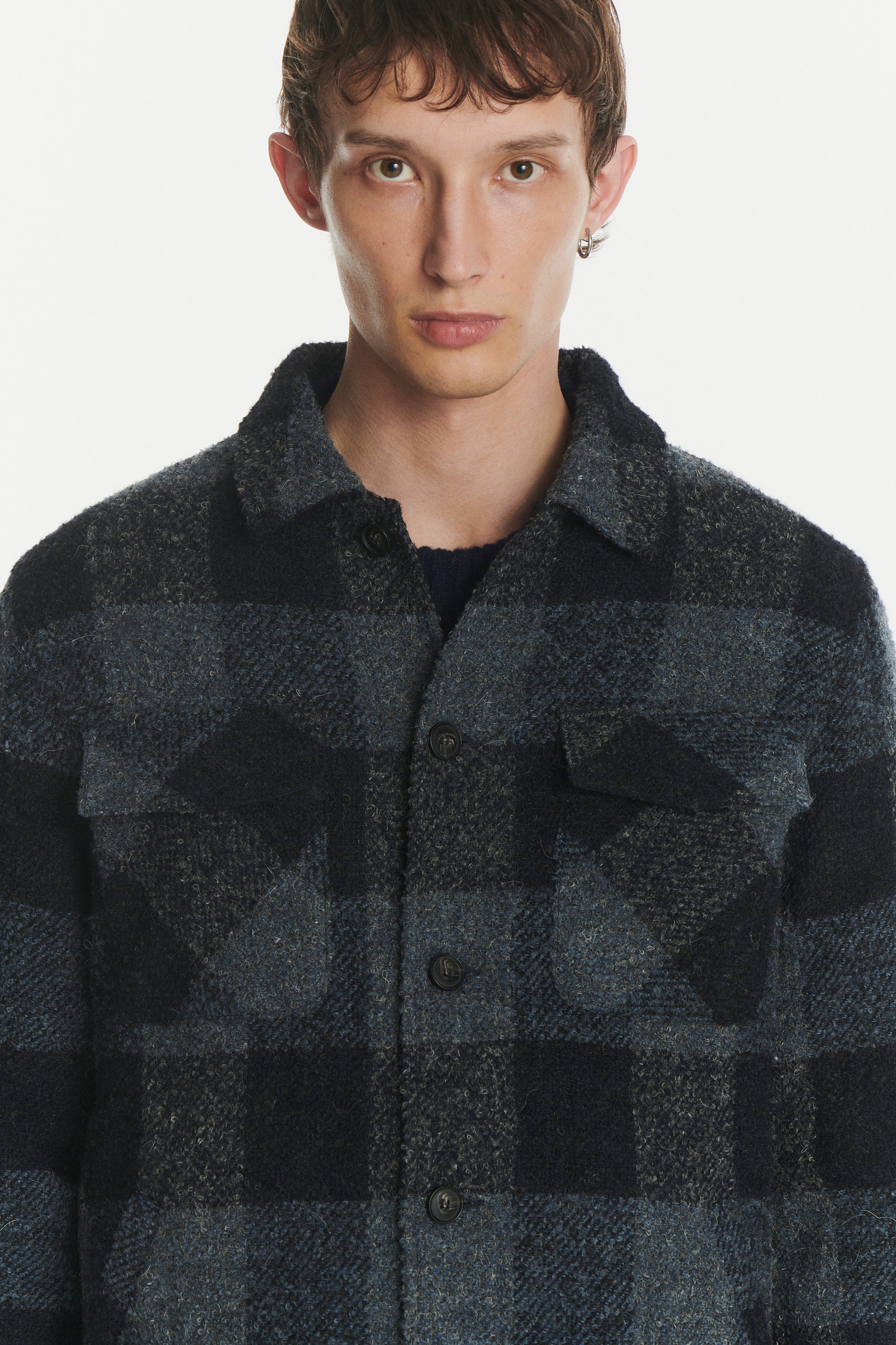 Winter Jacket in a Tonal Navy and Grey Chequered Italian Virgin and Alpaca Wool with MEIDA Thermo Insulation