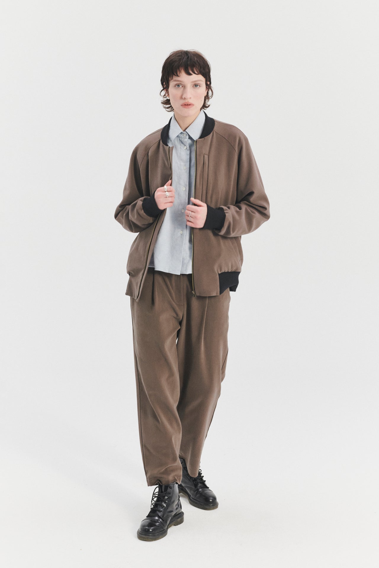 Unisex Bomber Jacket in the Finest Blend of Taupe Brown Virgin Italian Wool and Cotton by Albini