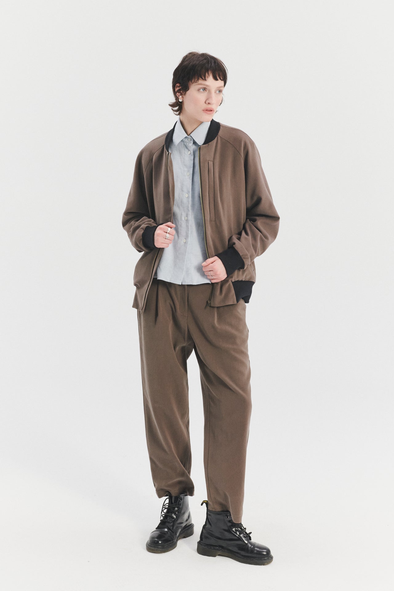 Unisex Bomber Jacket in the Finest Blend of Taupe Brown Virgin Italian Wool and Cotton by Albini