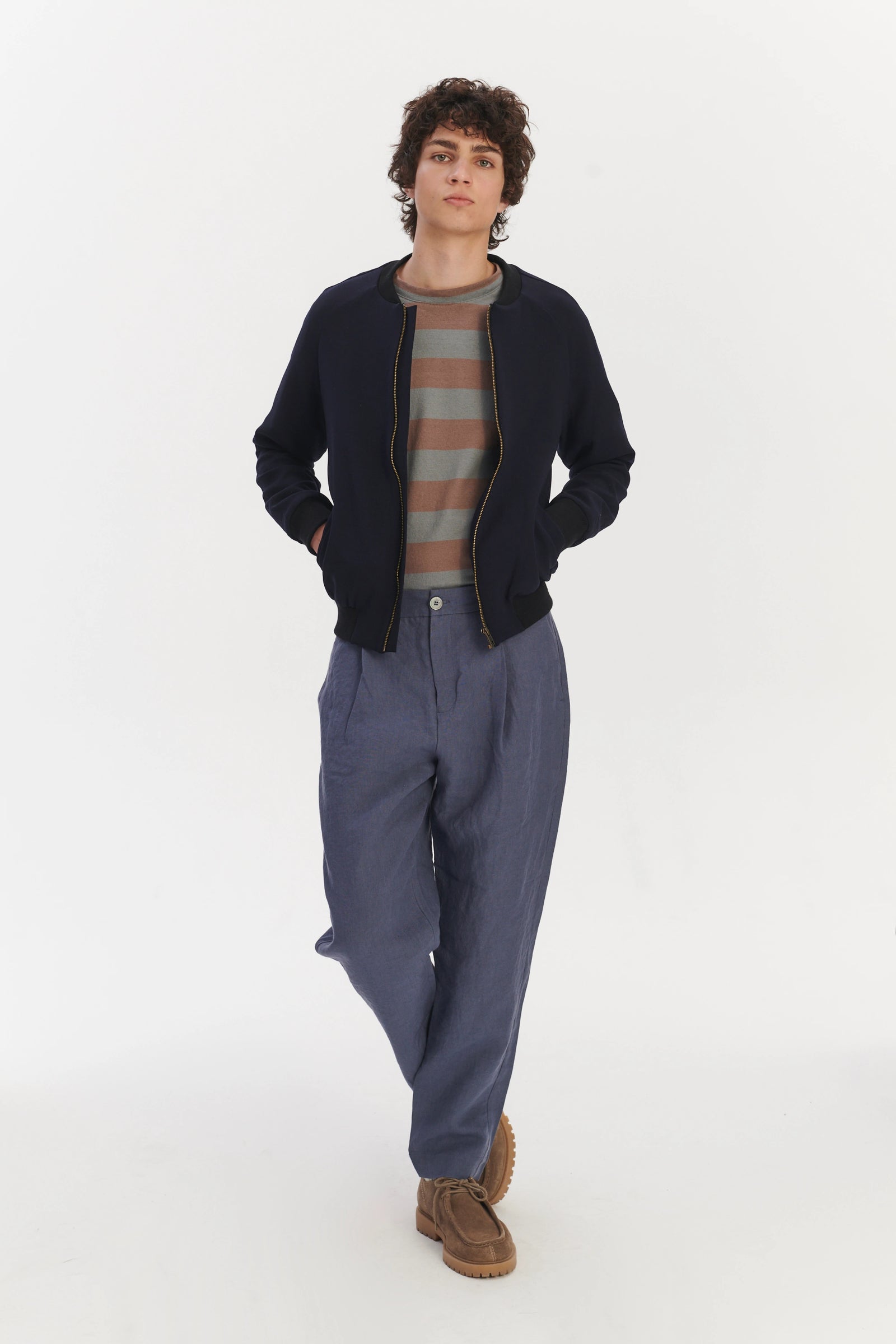 Bomber Jacket in a Midnight Blue Italian Modern Technical Virginal Wool