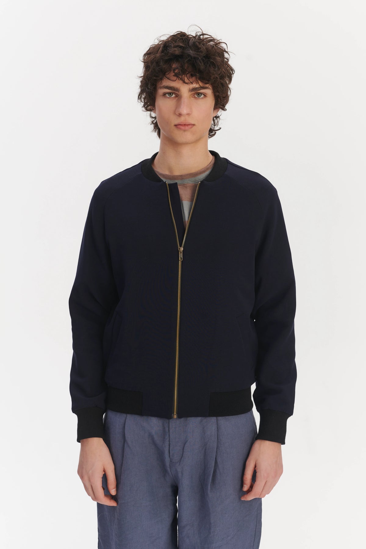 Bomber Jacket in a Midnight Blue Italian Modern Technical Virginal Wool