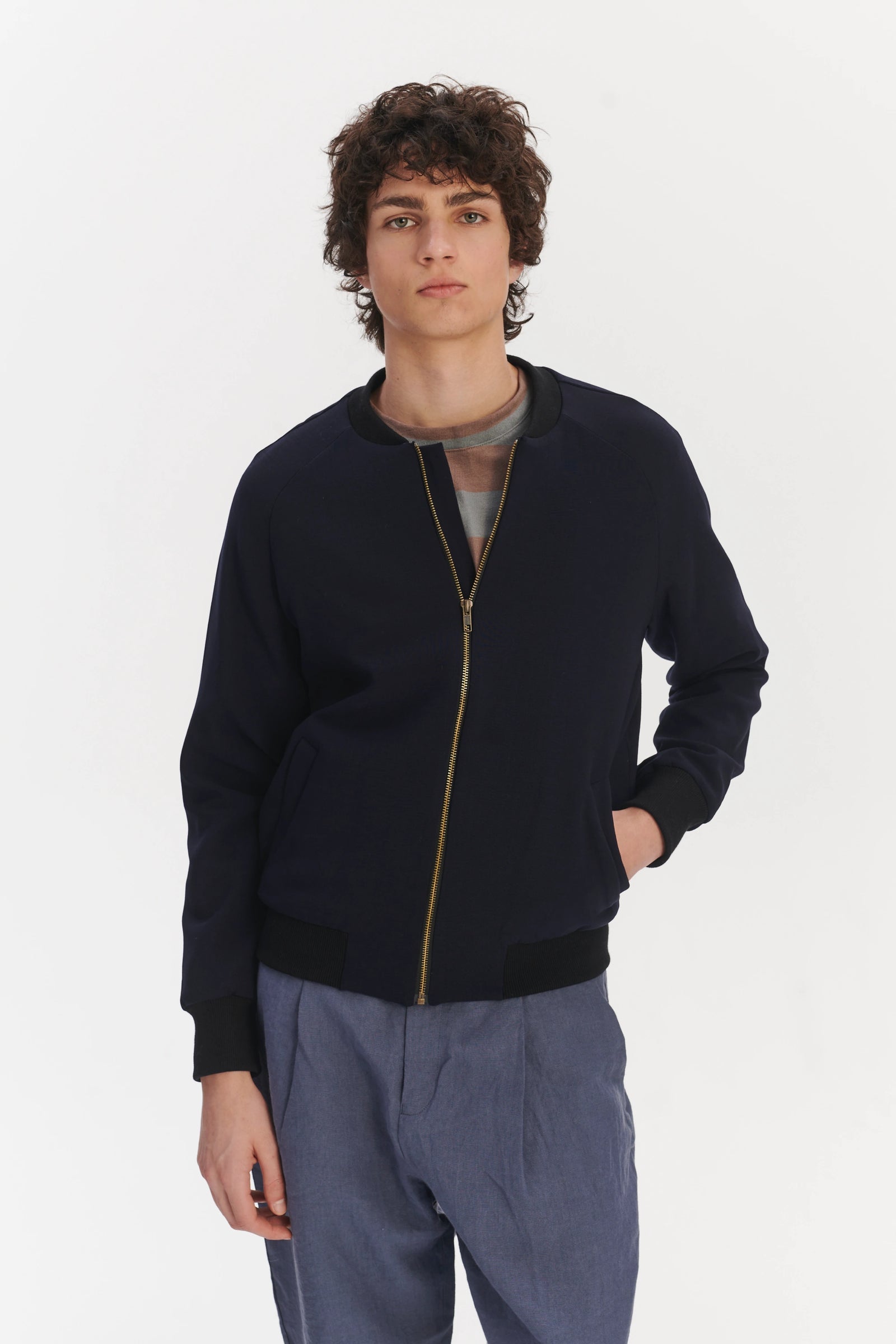 Bomber Jacket in a Midnight Blue Italian Modern Technical Virginal Wool