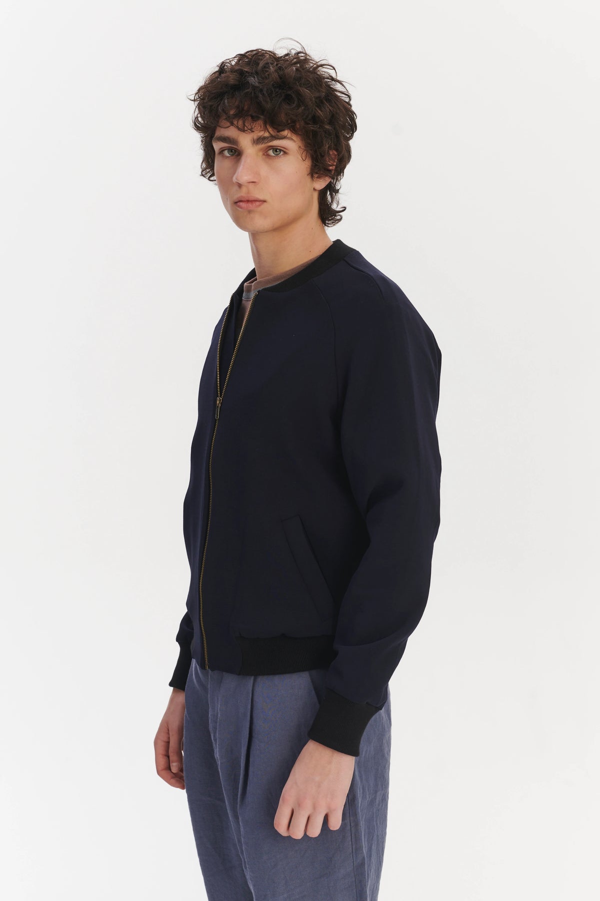 Bomber Jacket in a Midnight Blue Italian Modern Technical Virginal Wool