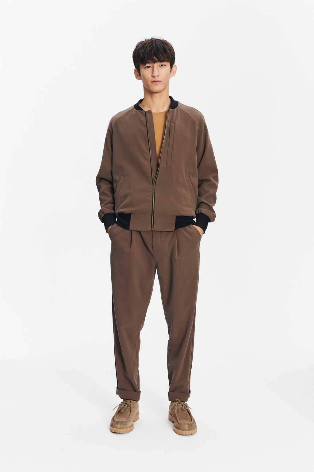 Bomber Jacket in the Finest Blend of Taupe Brown Italian Virgin Wool and Cotton by Albini