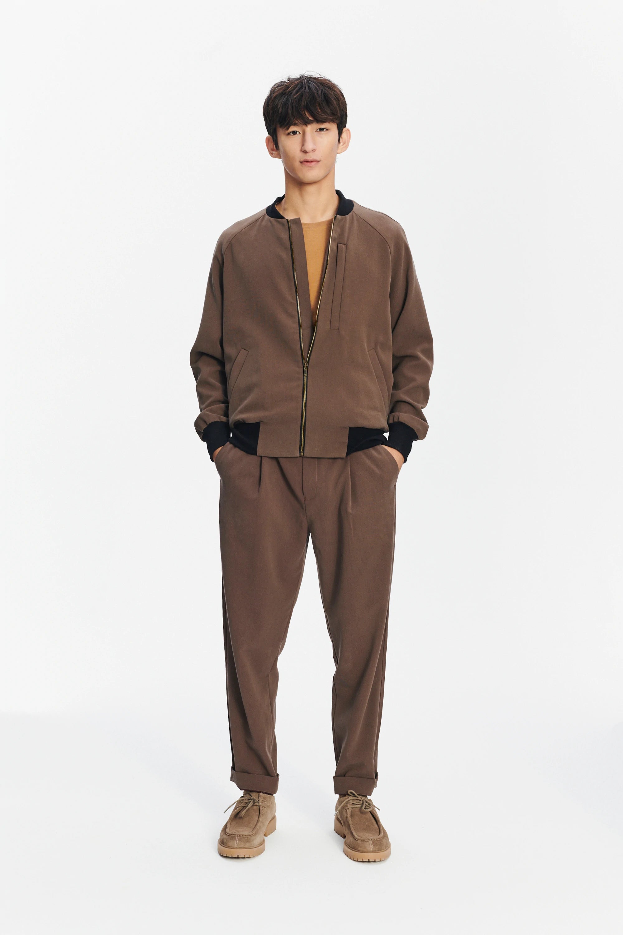 Bomber Jacket in the Finest Blend of Taupe Brown Italian Virgin Wool and Cotton by Albini