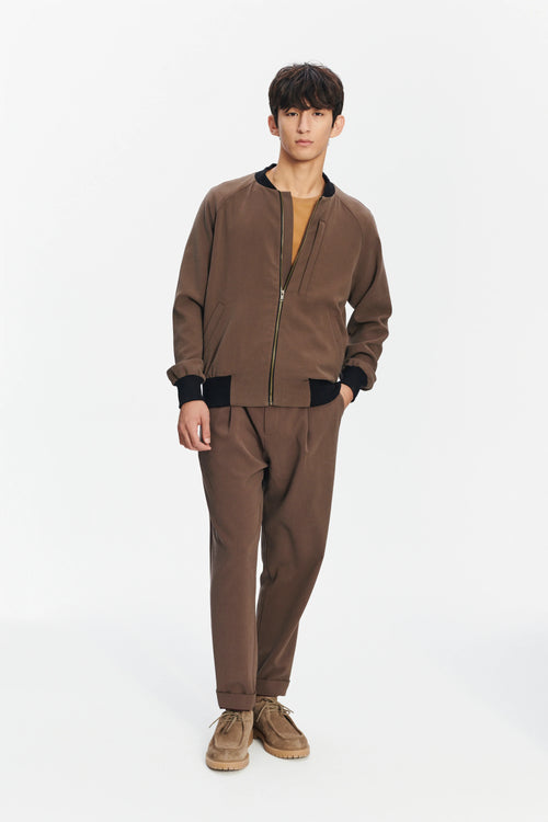 Bomber Jacket in the Finest Blend of Taupe Brown Italian Virgin Wool and Cotton by Albini