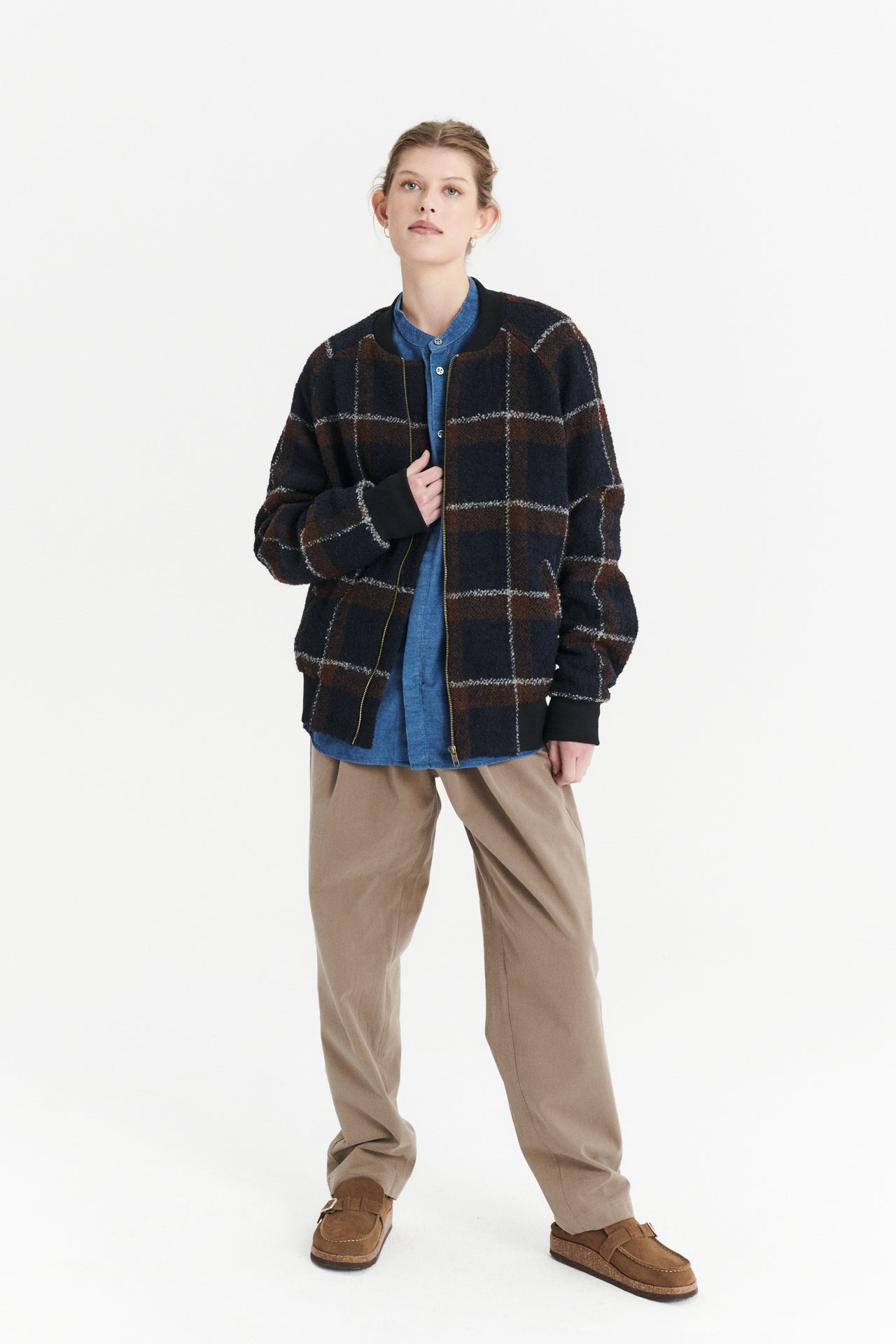 Unisex Bomber Jacket in a Brown and Navy Chequered Italian Virgin and Alpaca  Bouclé Wool
