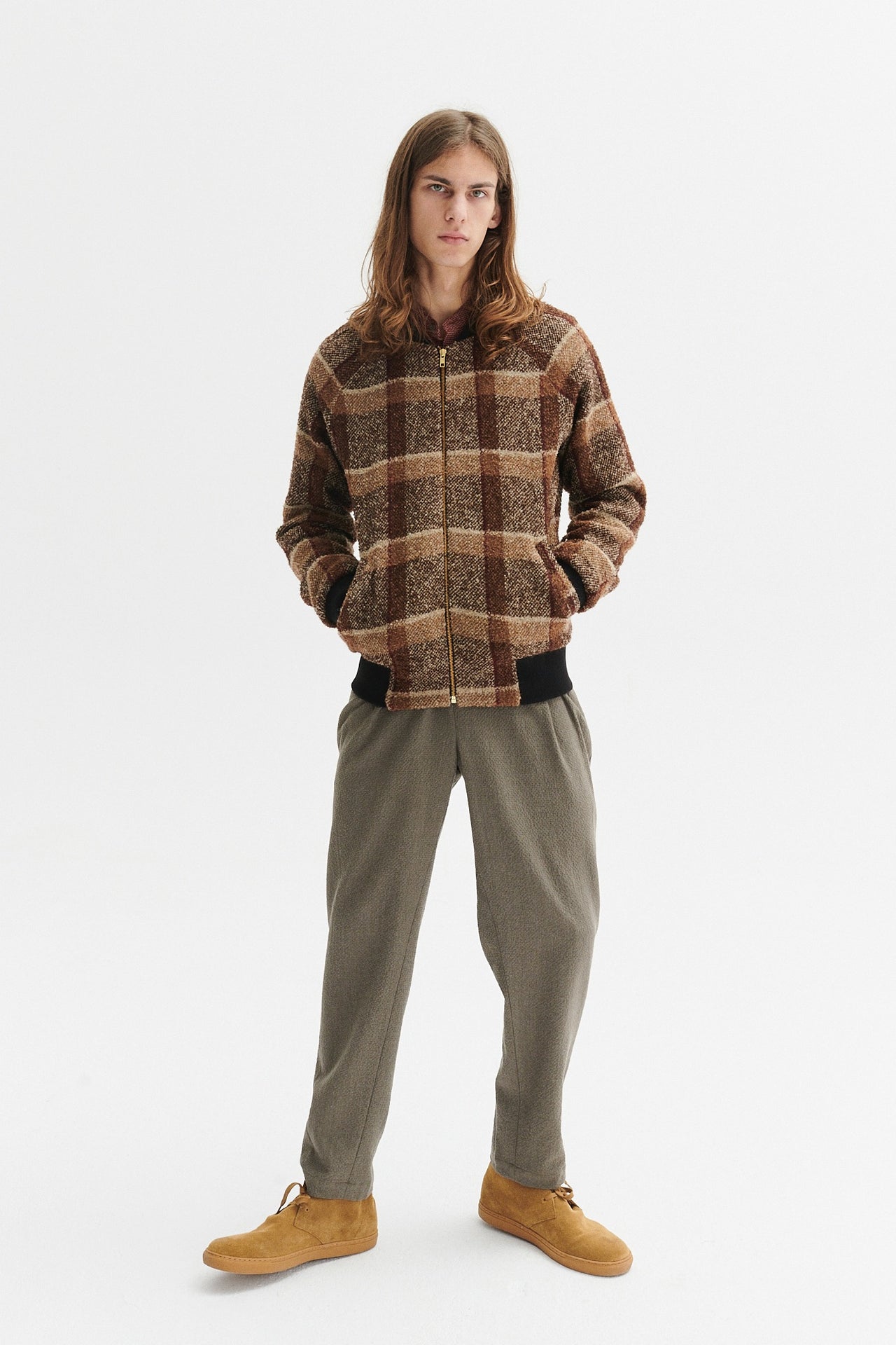 Bomber Jacket in a Soft Brown Check Italian Wool from Lanificio Subalpino