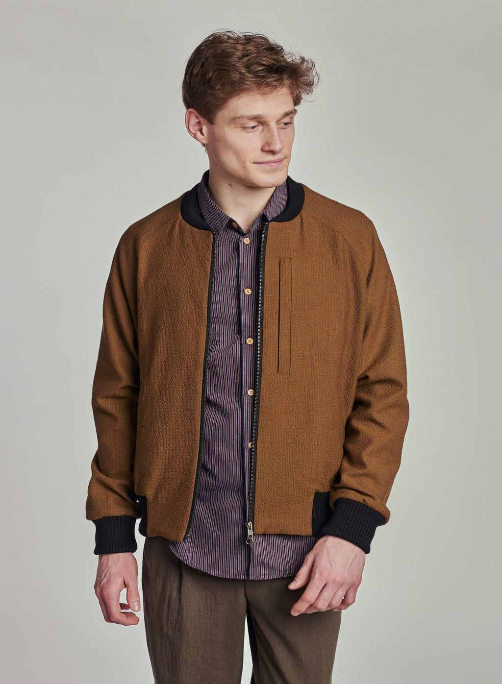 Bomber Jacket in a Mustard Yellow Italian Wool and Cotton Seersucker