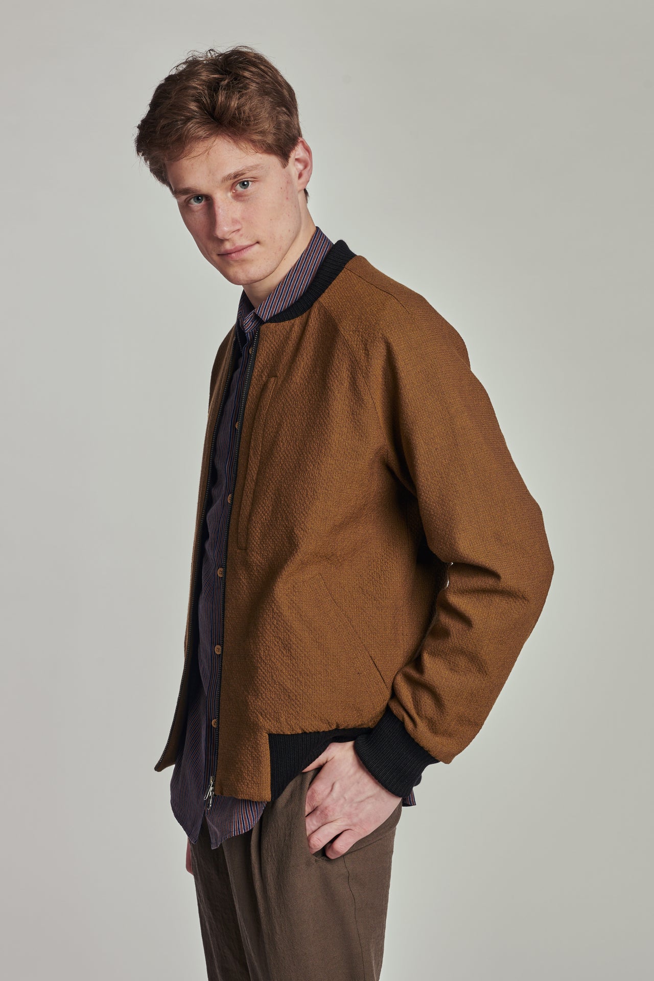 Bomber Jacket in a Mustard Yellow Italian Wool and Cotton Seersucker