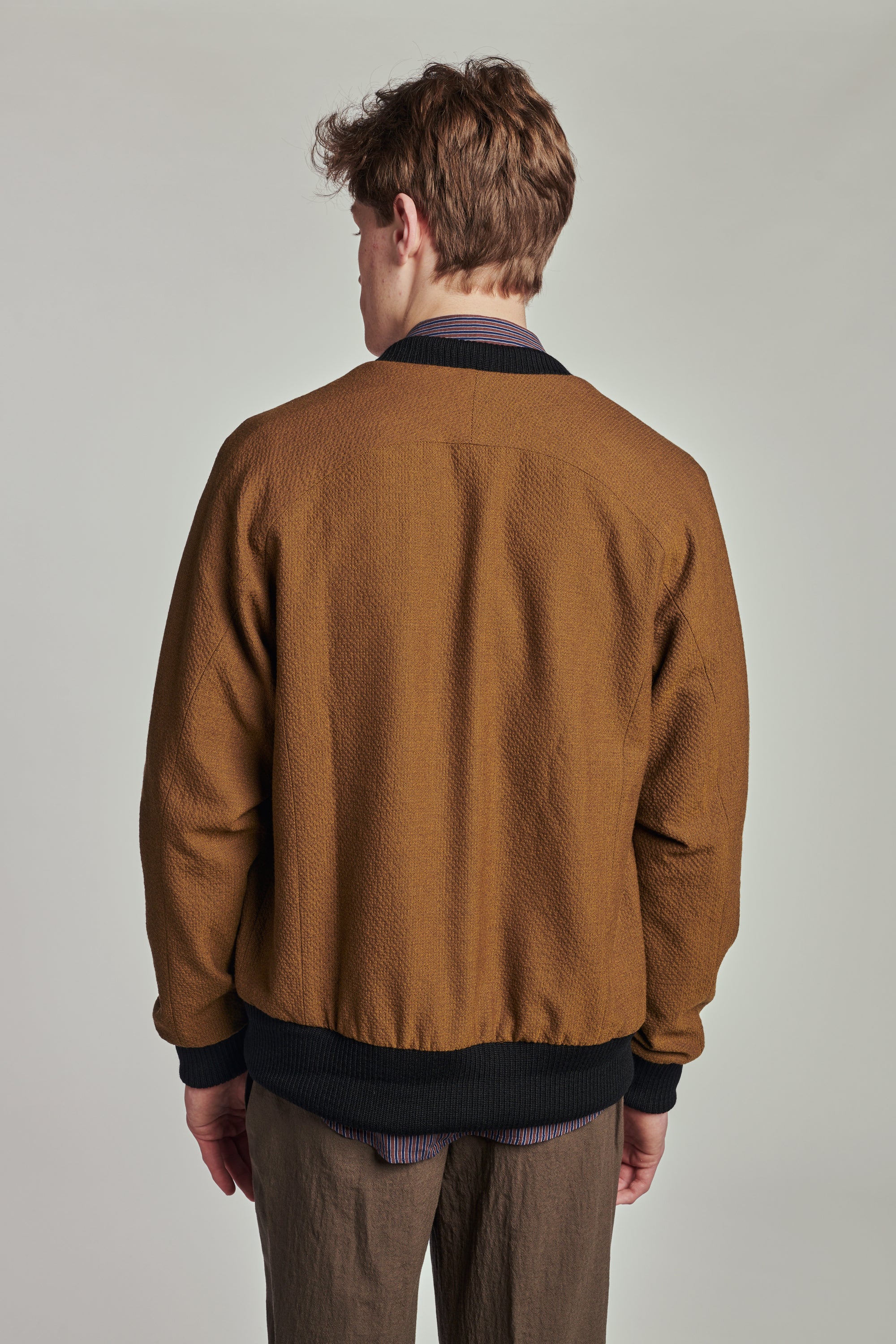 Bomber Jacket in a Mustard Yellow Italian Wool and Cotton Seersucker