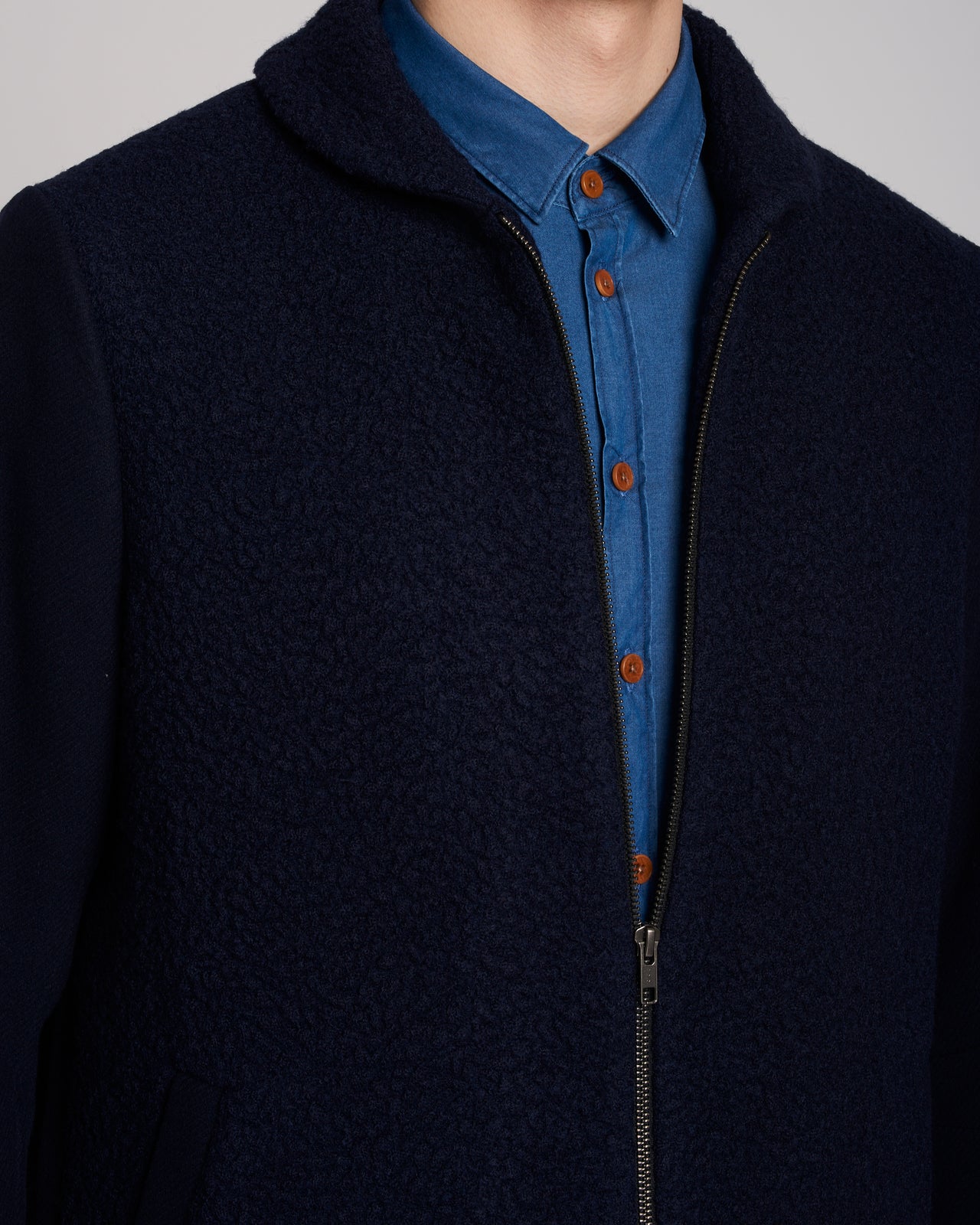 Sporty Round Collar Jacket in a Navy Blue Soft Italian Wool