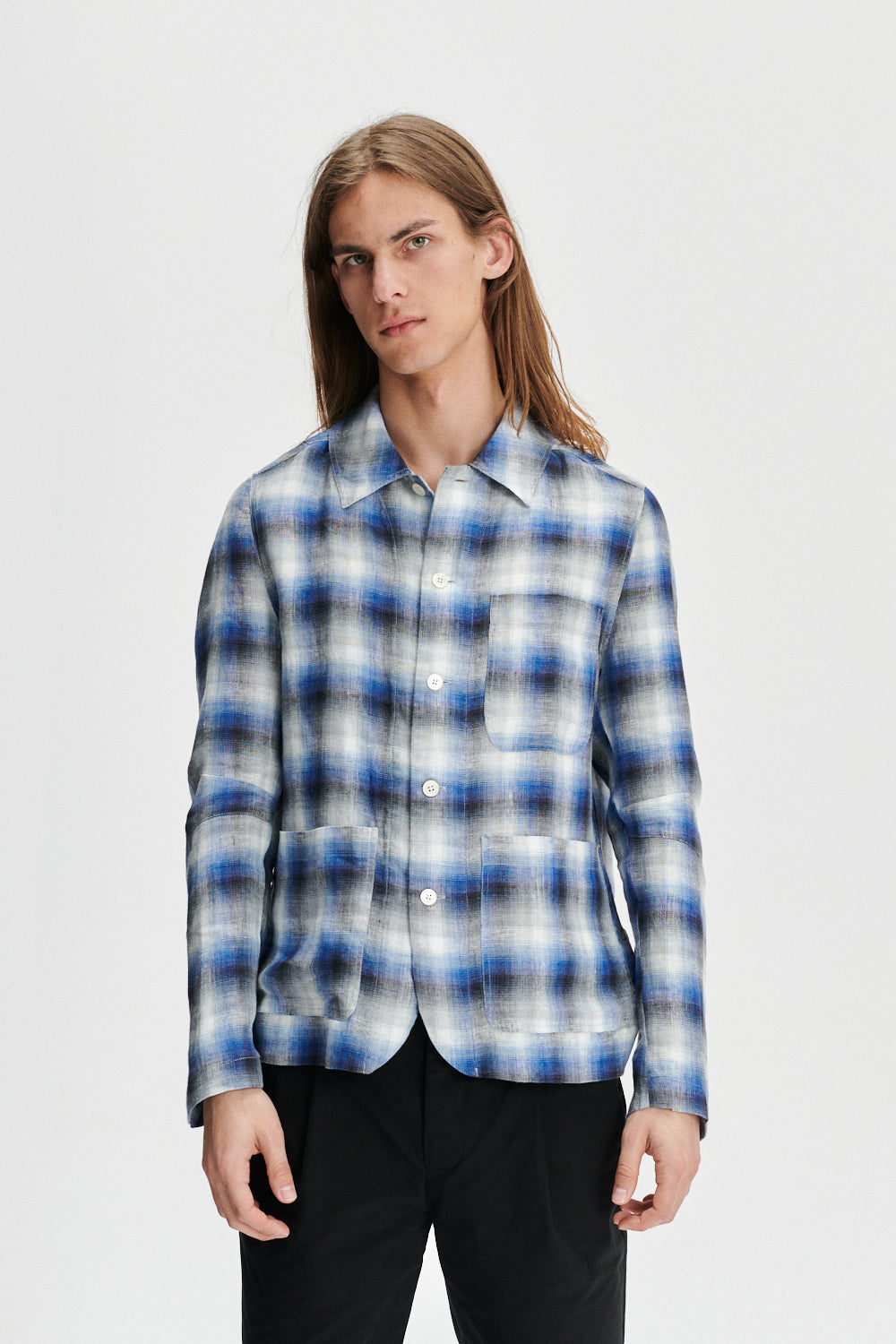 Daily Jacket in a Tonal Blue, Grey and White Chequered Fine Italian Linen by Albini